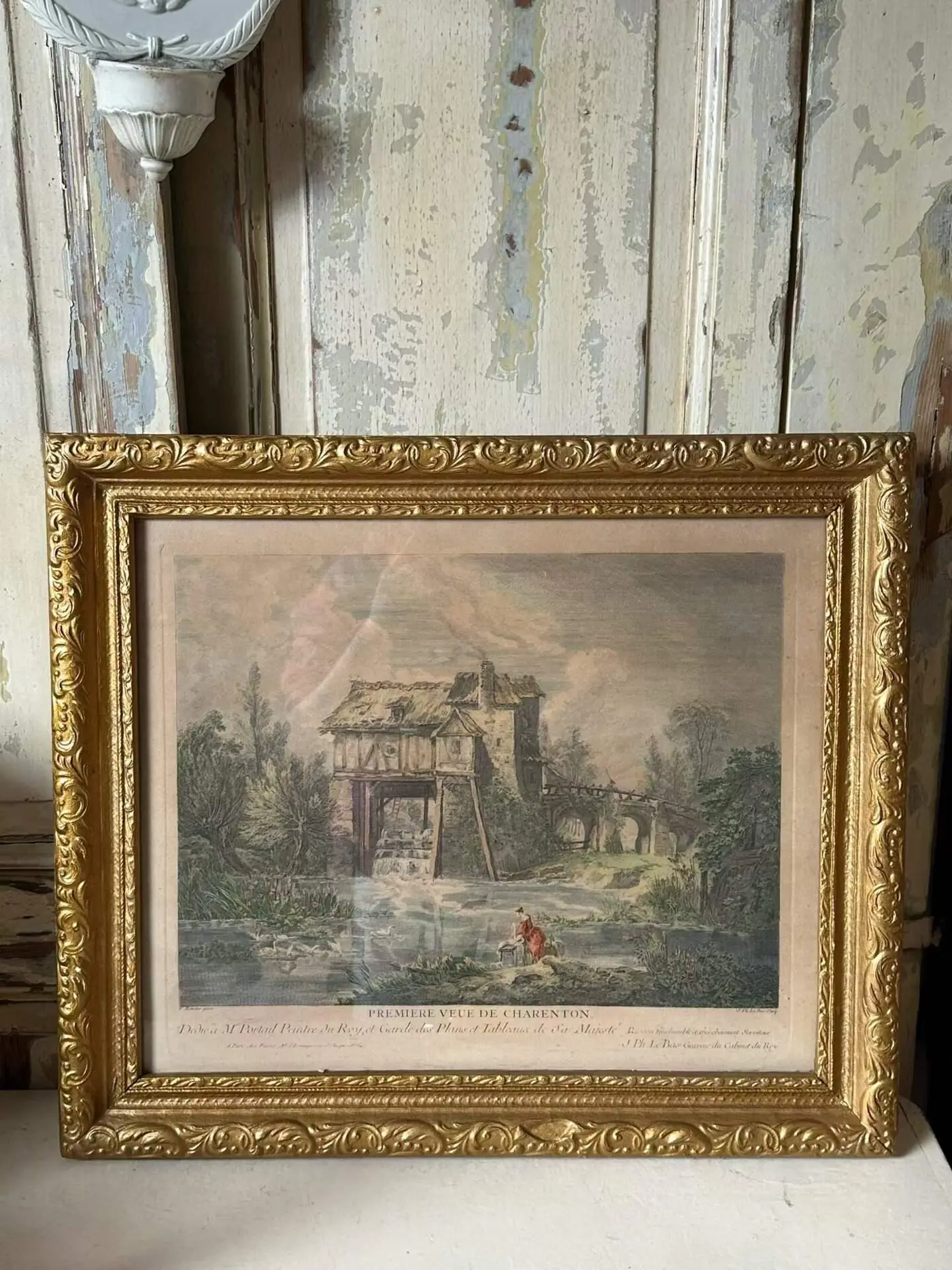 Antique French Engraving Première vue de Charenton in Gilt Relief Frame