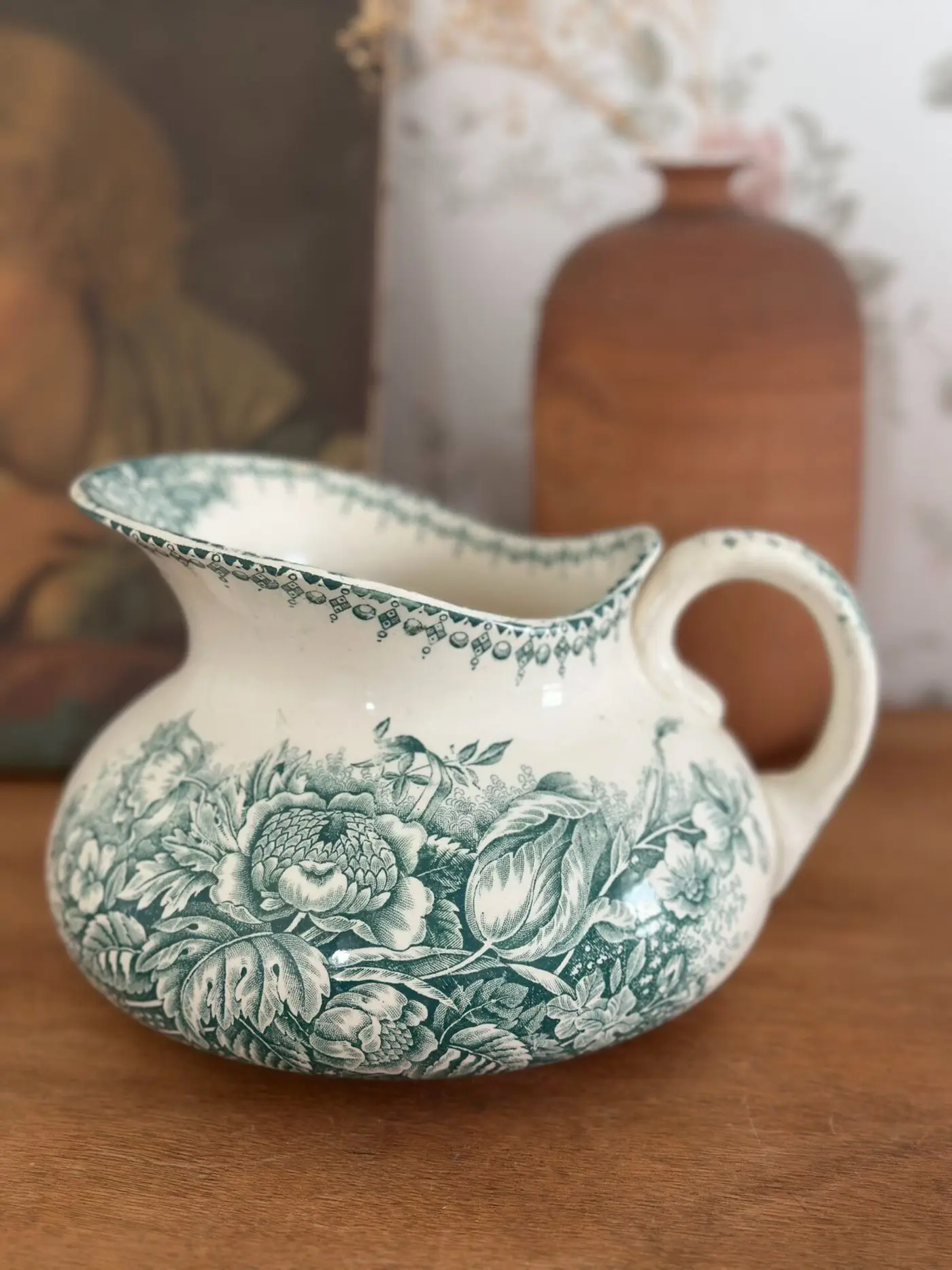French Vintage Garden Ceramic Pitcher — Low Squat Cream Jug with Dark Green Botanical Decoration