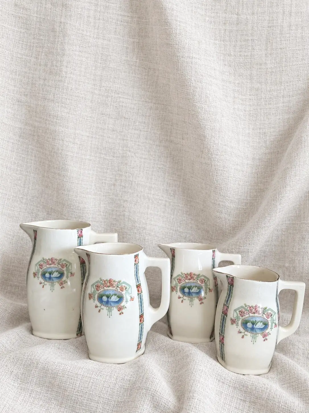 French Vintage Swan-Pattern Water Jugs, Set of Four