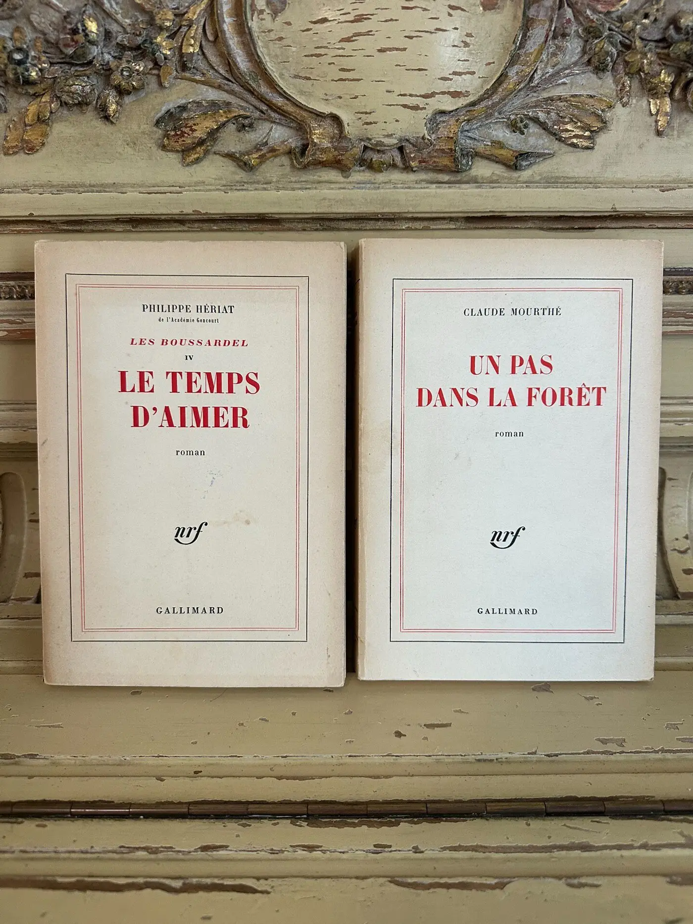 Set of 2 Vintage French Gallimard NRF Books — Off-White Covers with Red & Black Trim