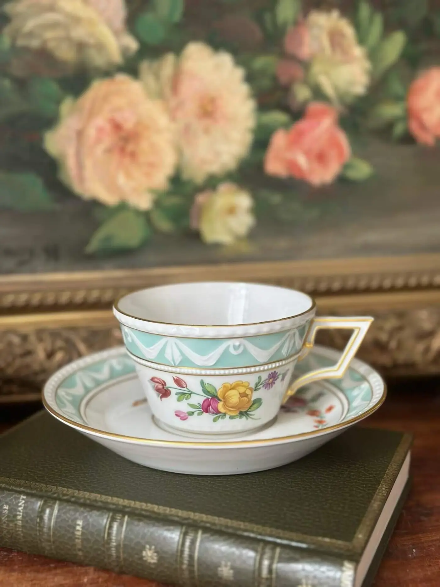 Vintage German KPM Kurland Hand-Painted Floral and Butterfly Mocha Cup and Saucer Set