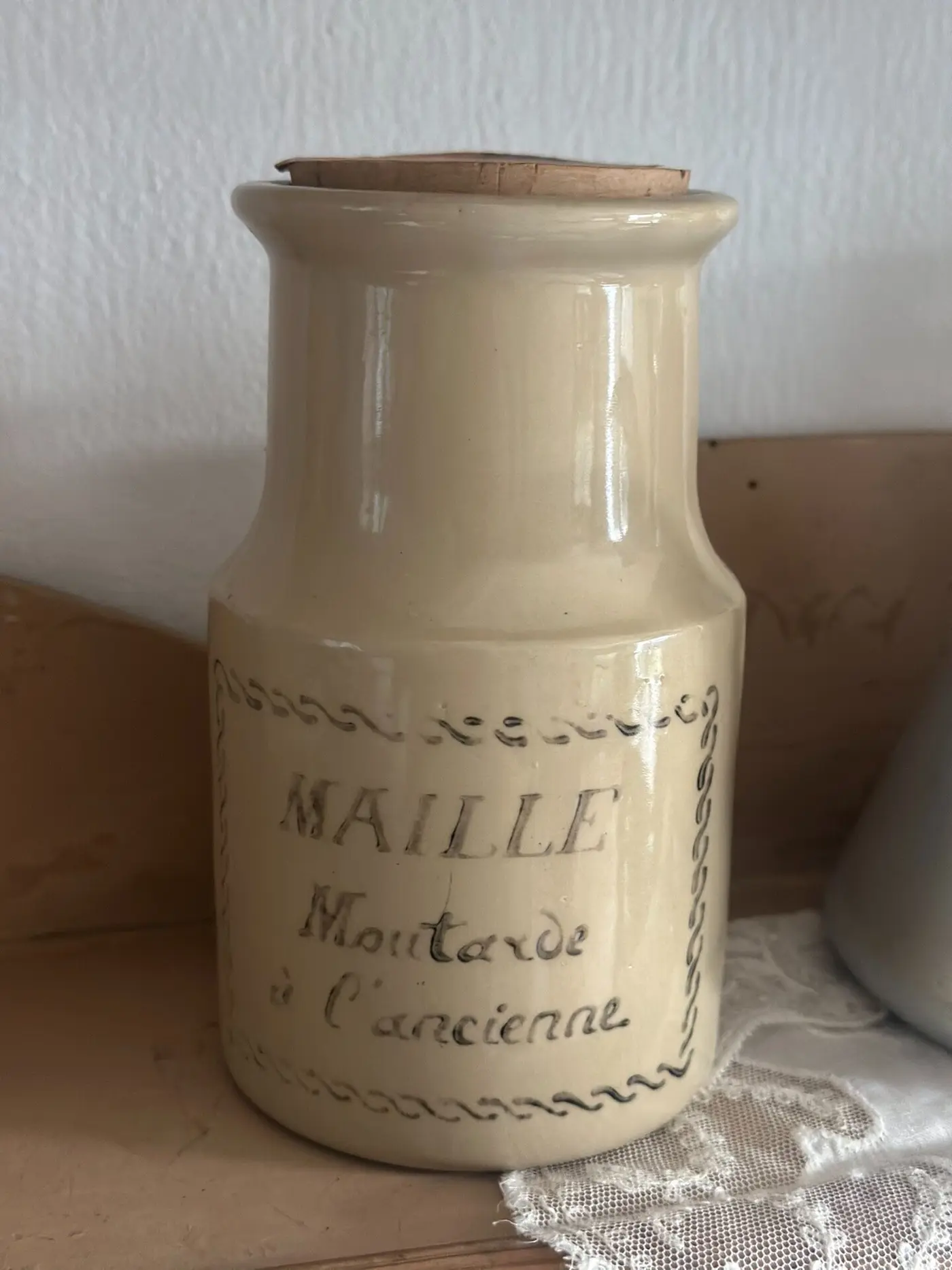 French Vintage Hand-Painted Mustard Jar — Cream-Glazed Kitchen Canister