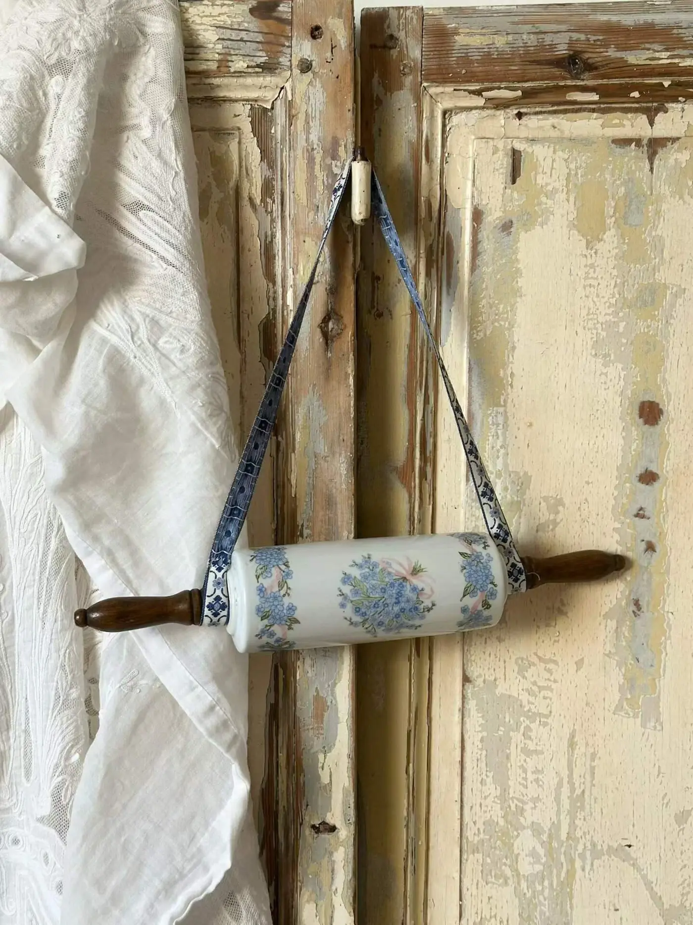 French Vintage Ceramic Rolling Pin with Wooden Handle
