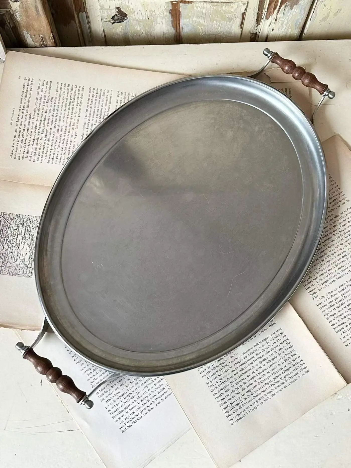 Vintage French Stainless Steel Round Tray with Wooden Handle, 1970s–80s
