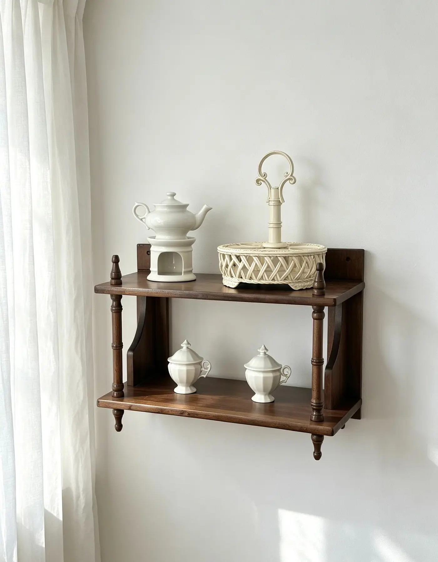 French Vintage Solid Wood Two-Tier Wall-Mounted Shelf