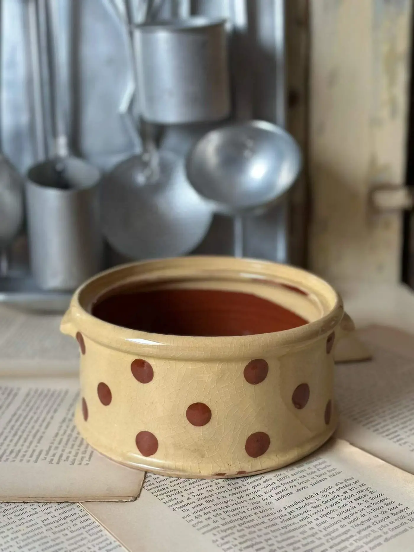 French 1970s Vintage Earthenware Pot, Round Lidless with Dotted Glaze