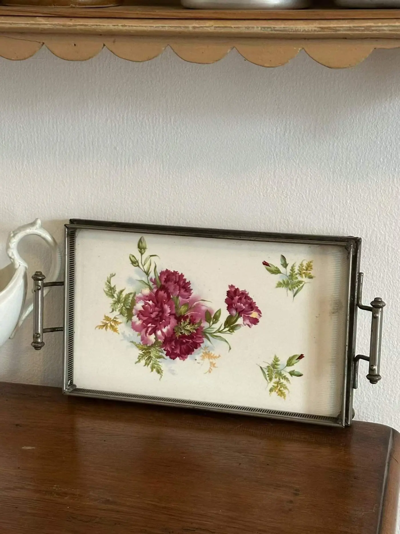 French Vintage Ceramic Tray with Floral Motif and Double Side Handles