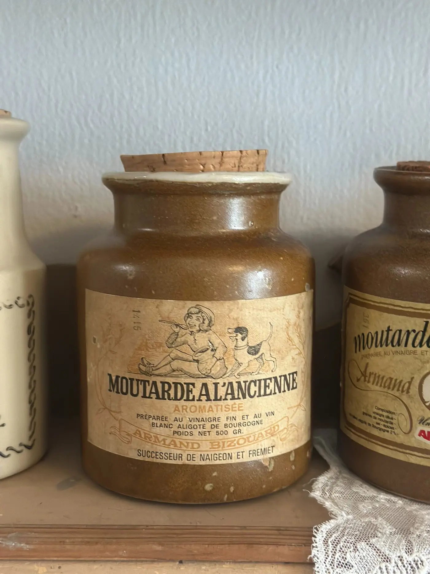 French Vintage Mustard Pot with Original Label and Cork Stopper