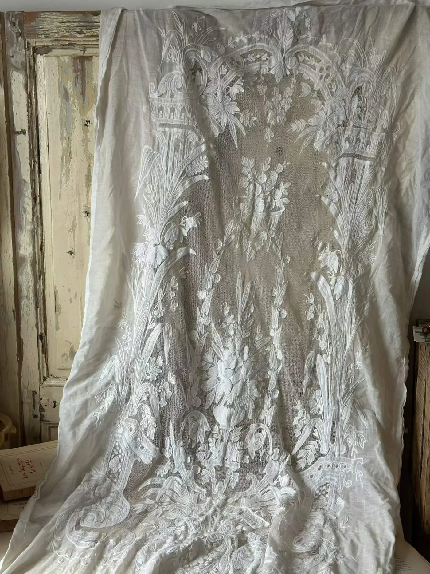 French Vintage White Lace Curtain with Floral and Vine Embroidery