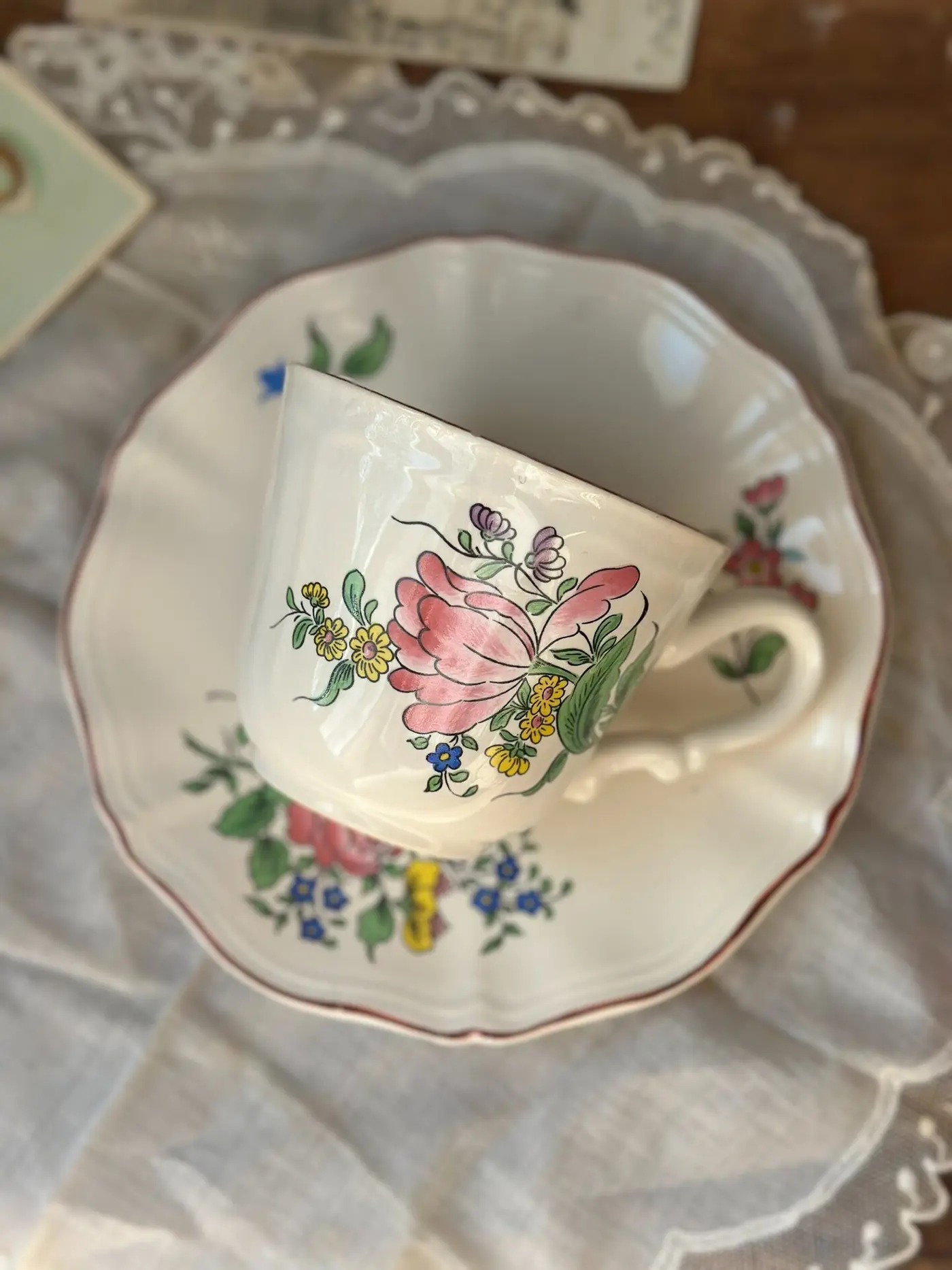 French vintage Keller & Guérin (K&G Lunéville) floral coffee cup and saucer