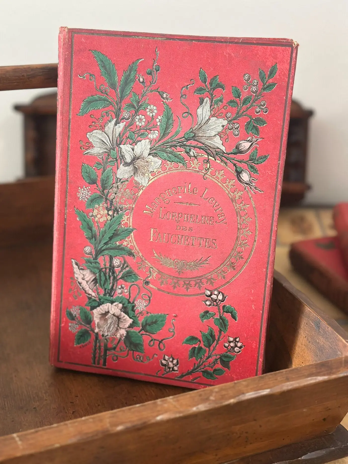 1891 French Cloth-Bound Book, Red Floral Gilt Cover with Engravings