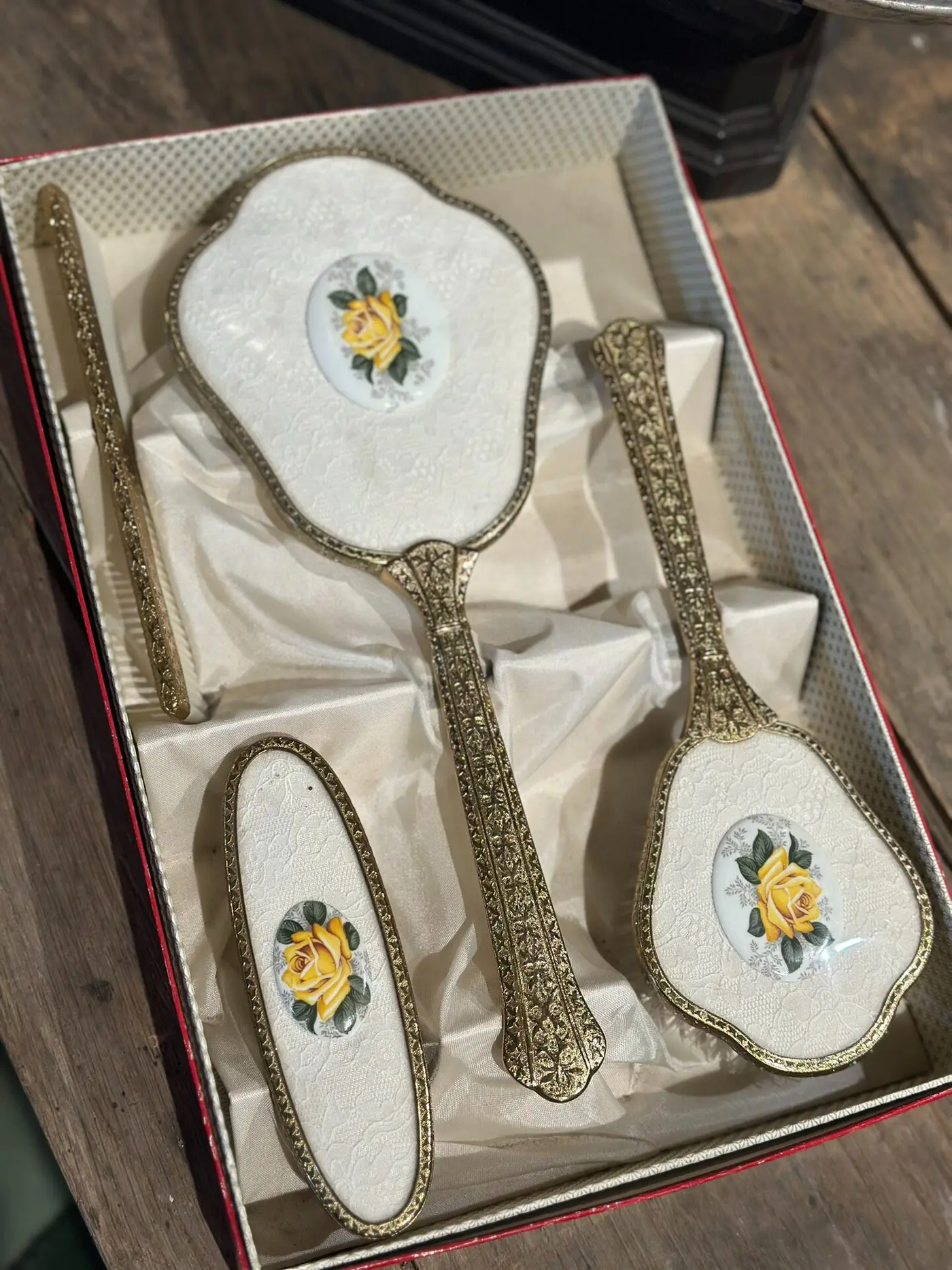 Regent of London Vintage 4-Piece Dressing Table Set with Gilt Yellow Rose in Original Box