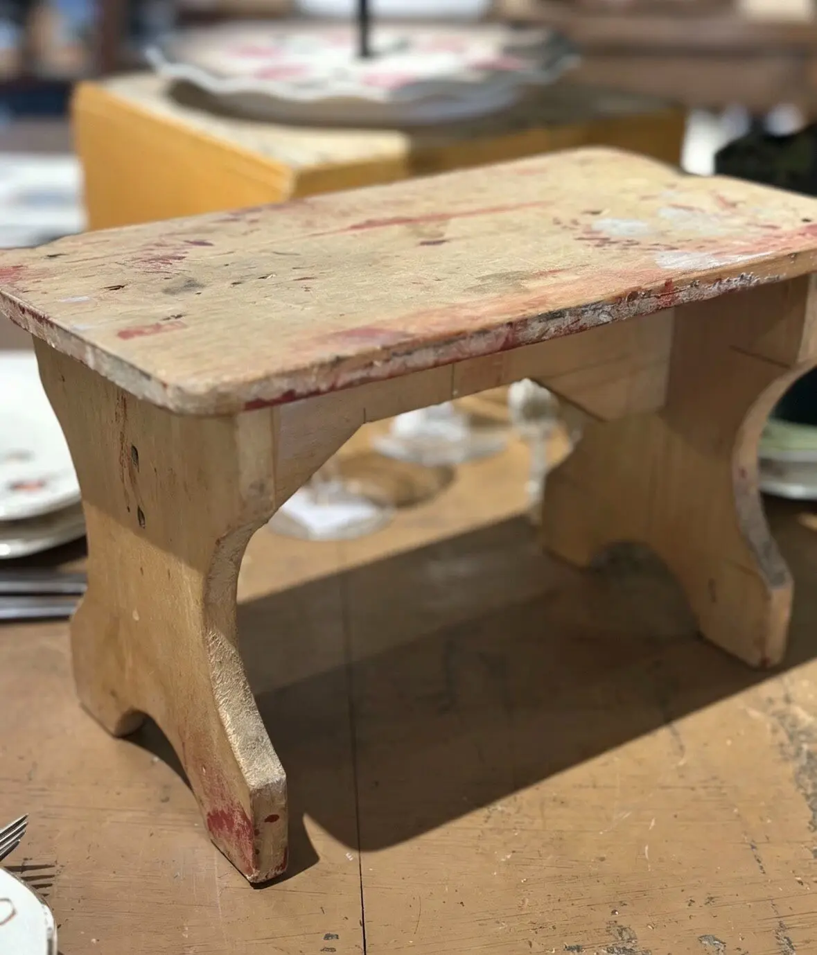 French Vintage Wooden Stool with Original Distressed Paint