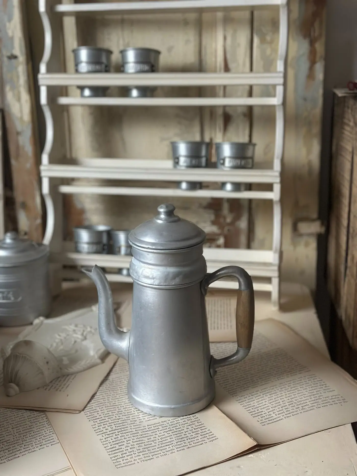 French Antique Aluminum Pour-Over Coffee Kettle with Wood Handle