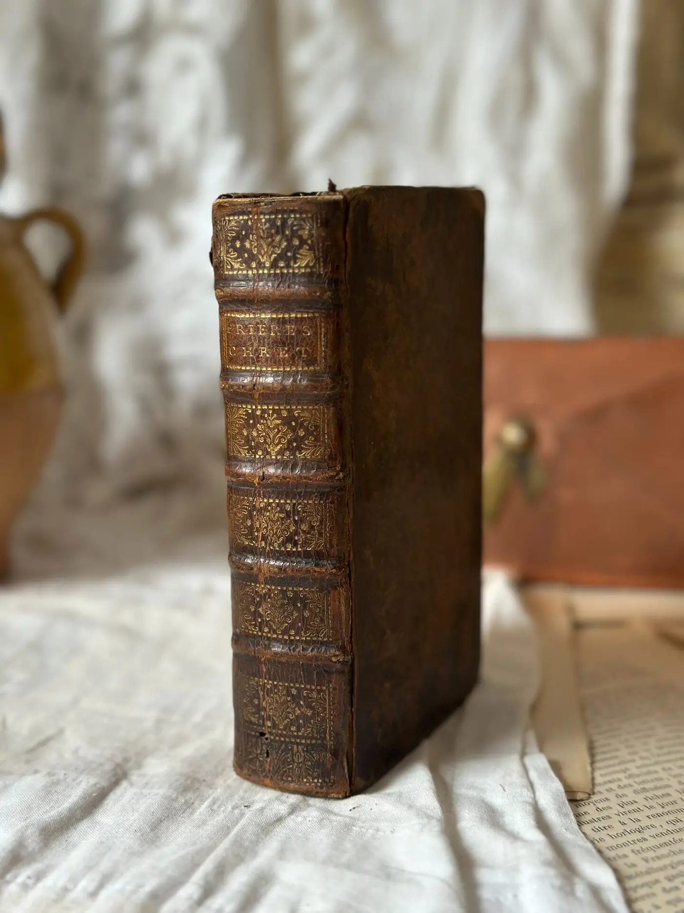 Antique French Leather-Bound Book, 1723, Gilt-Tooled Spine