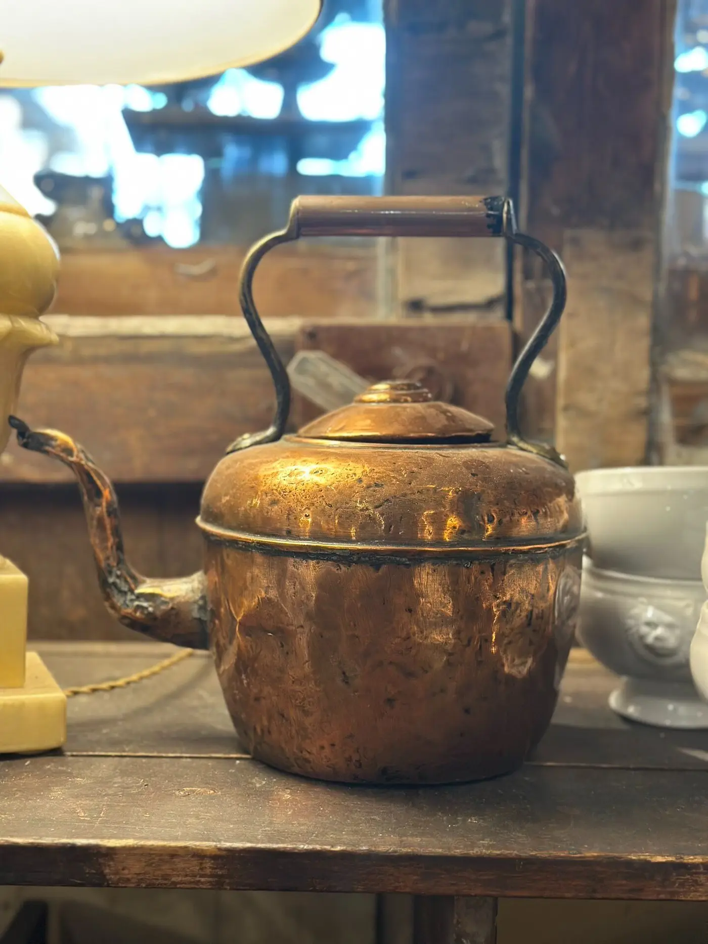 French Vintage Copper Kettle — Rustic Brass-Toned Handled Piece
