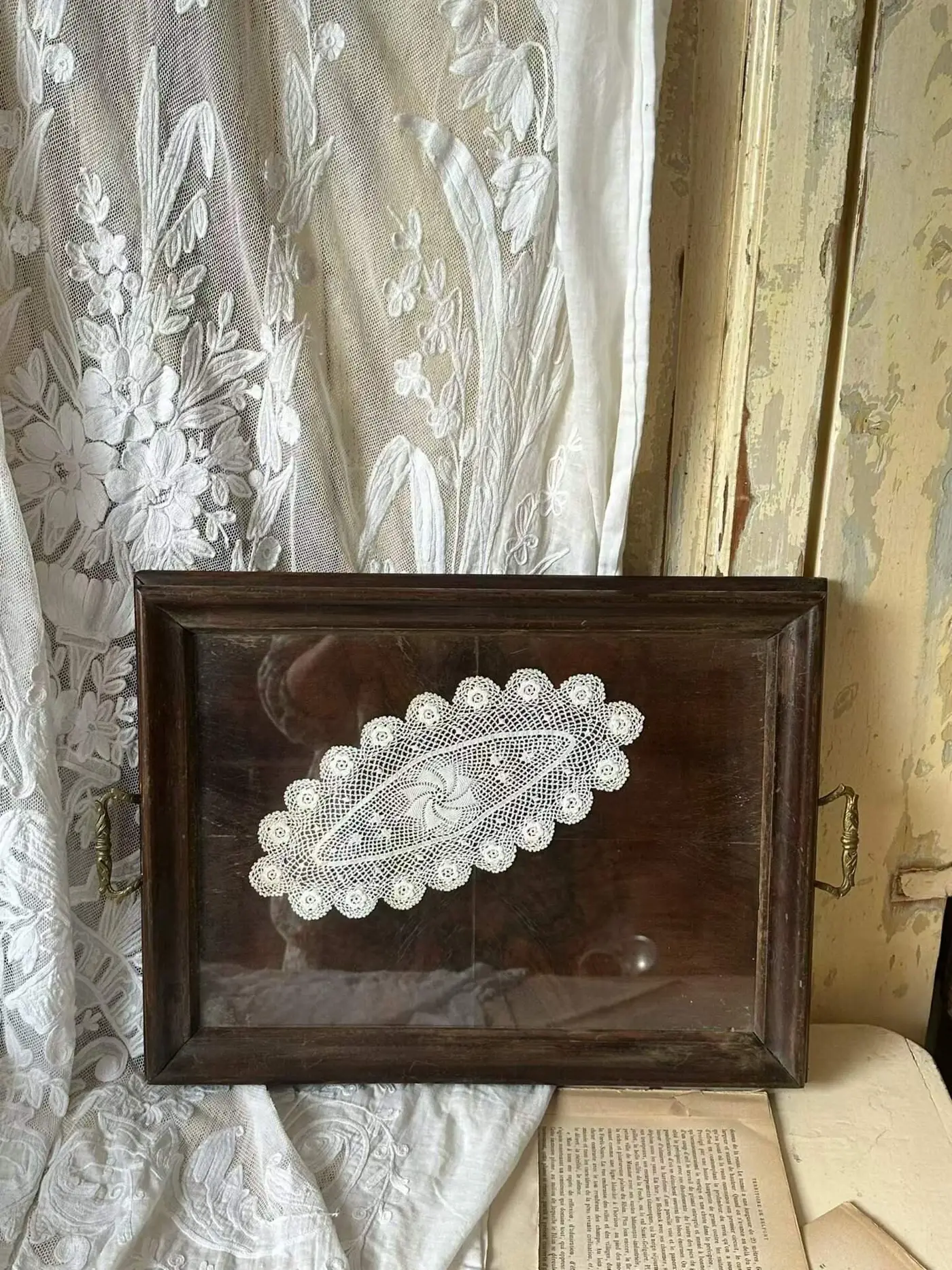 French vintage solid wood tray with glass top