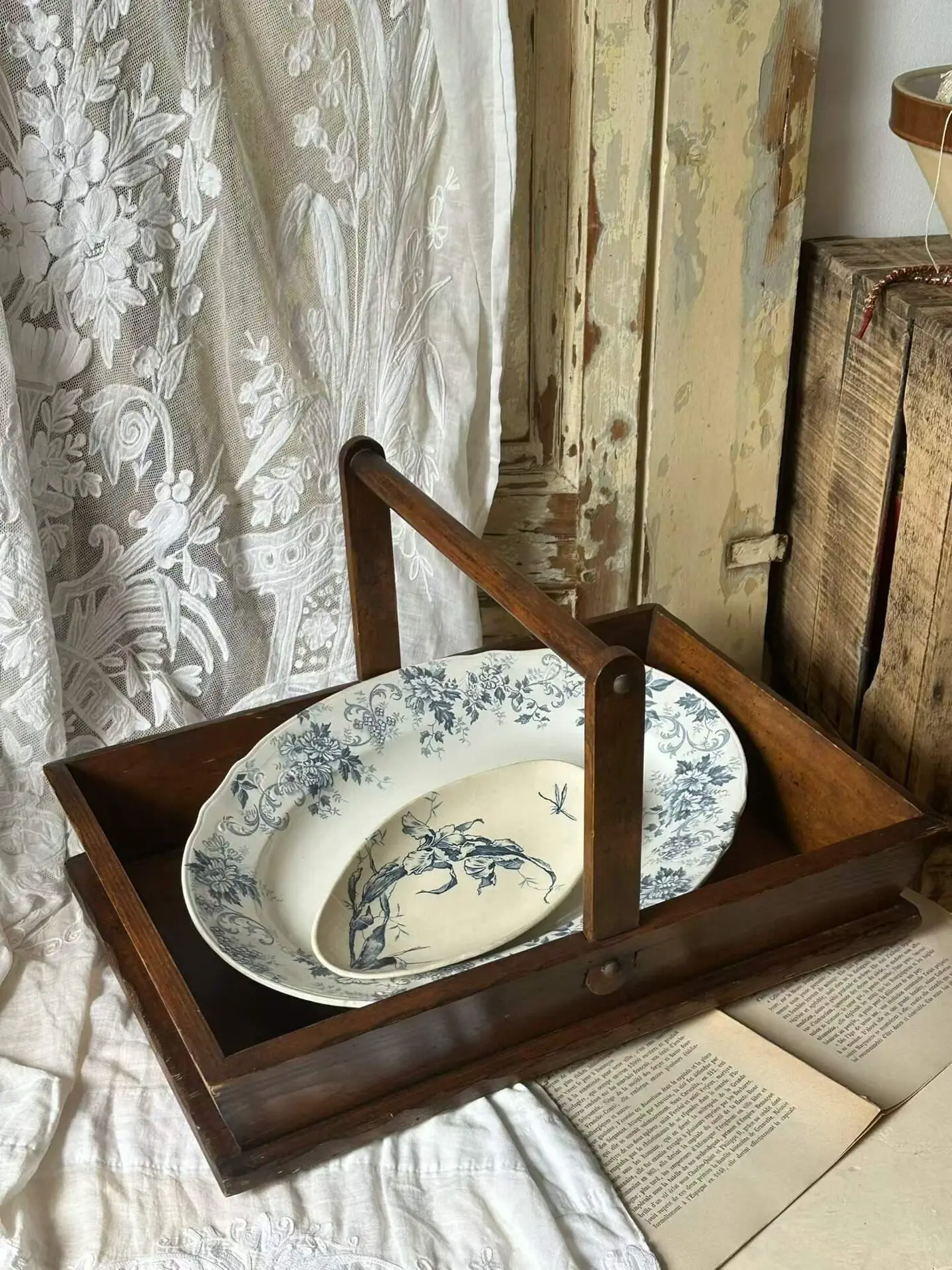 French Vintage Solid-Wood Handled Basket