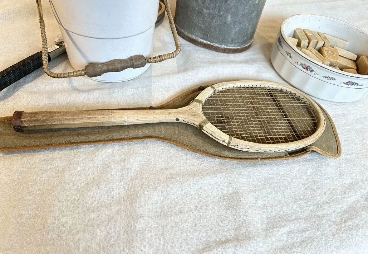 Vintage Mid-Century Wooden Tennis Racket with Original-Style Canvas Cover
