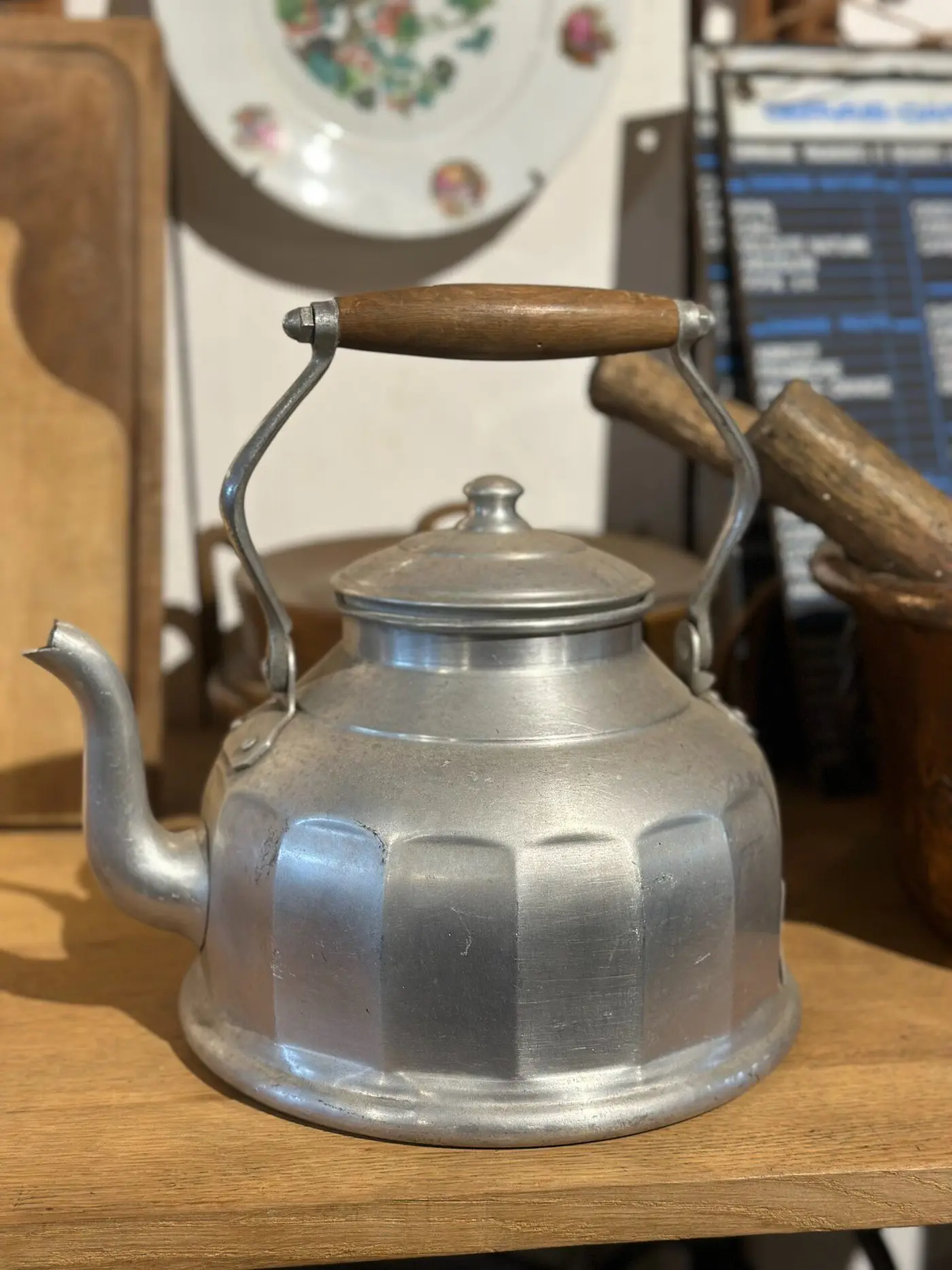 French Vintage Aluminum Kettle with Wooden Handle — Rustic Country Style