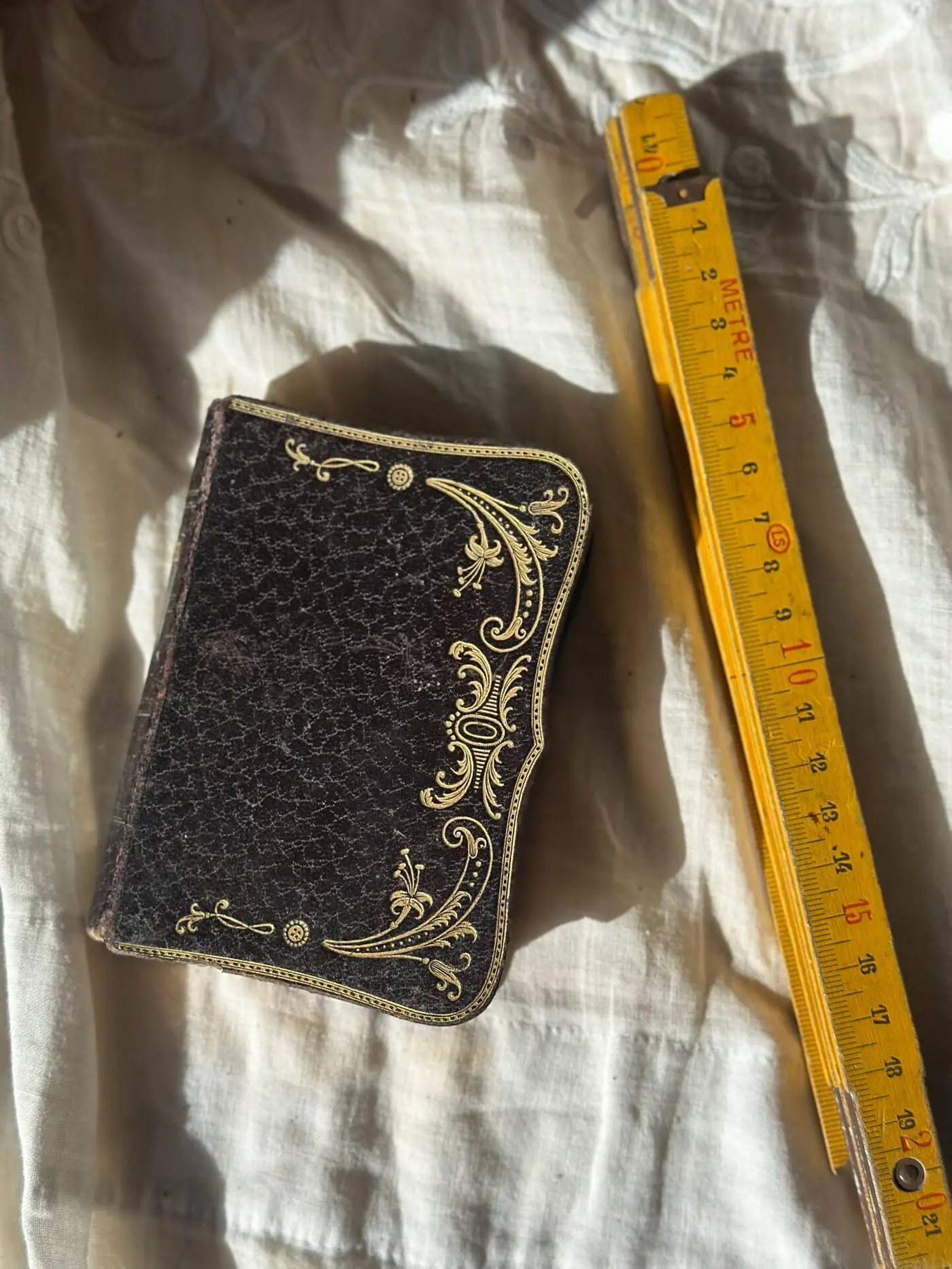 French Antique Pocket Missal — Black Leather with Gilt Floral Decoration, 11 × 8 cm