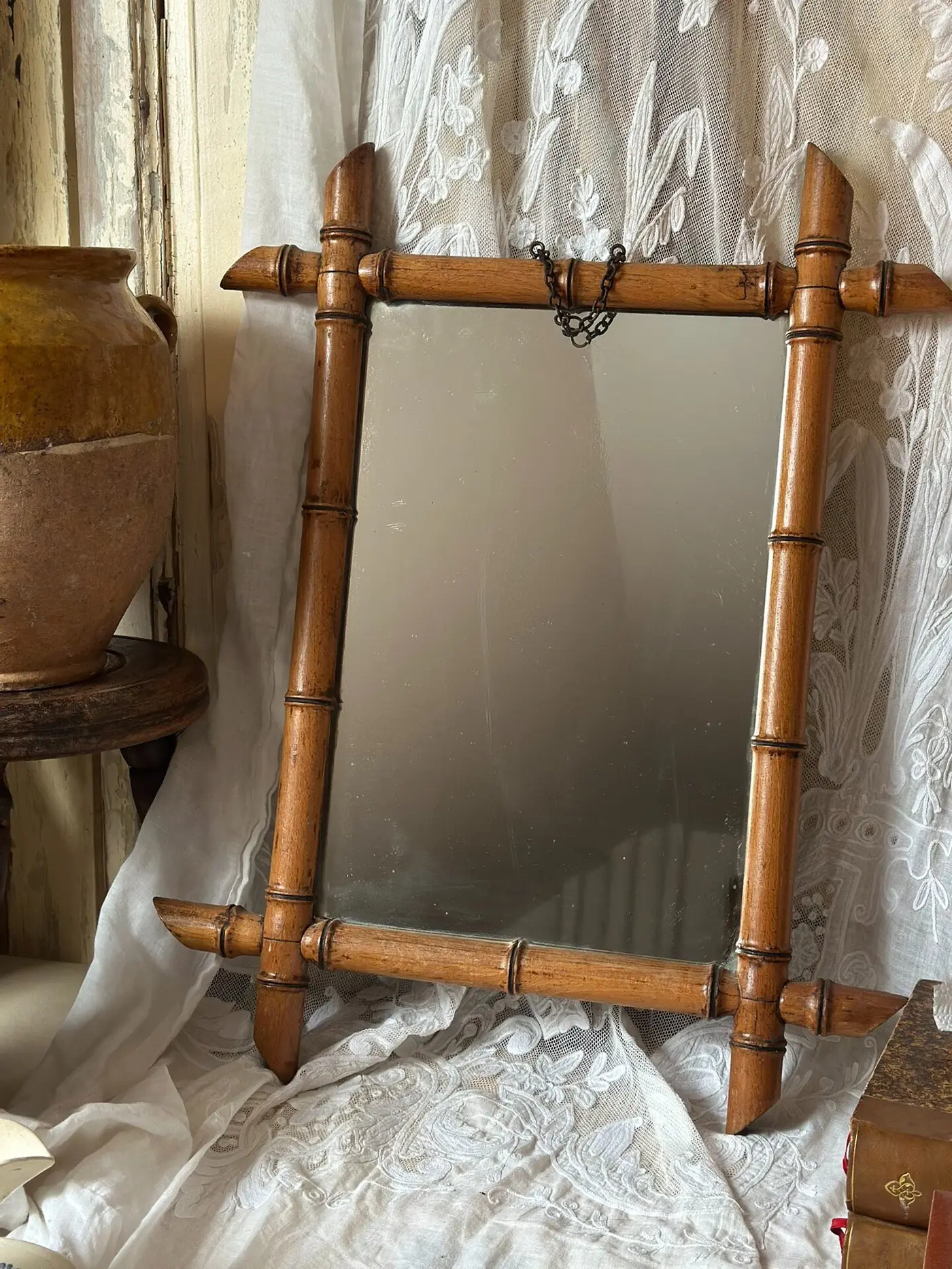 French Vintage Faux-Bamboo Solid Wood Mirror — Rustic Country Style