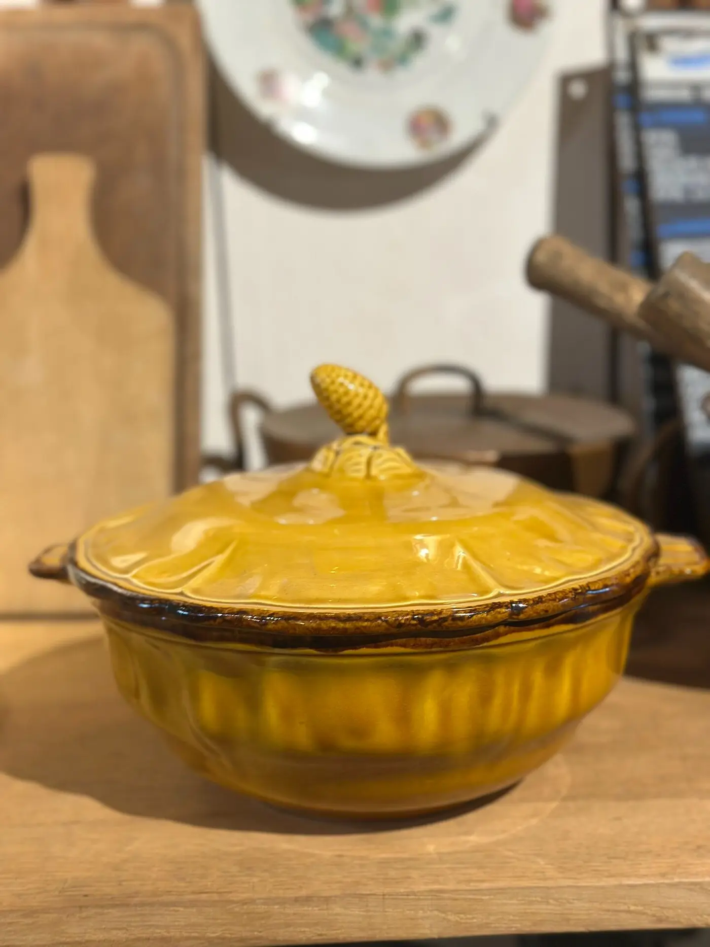 French Vintage Lidded Soup Bowl — Mustard Glaze with Pinecone Finial