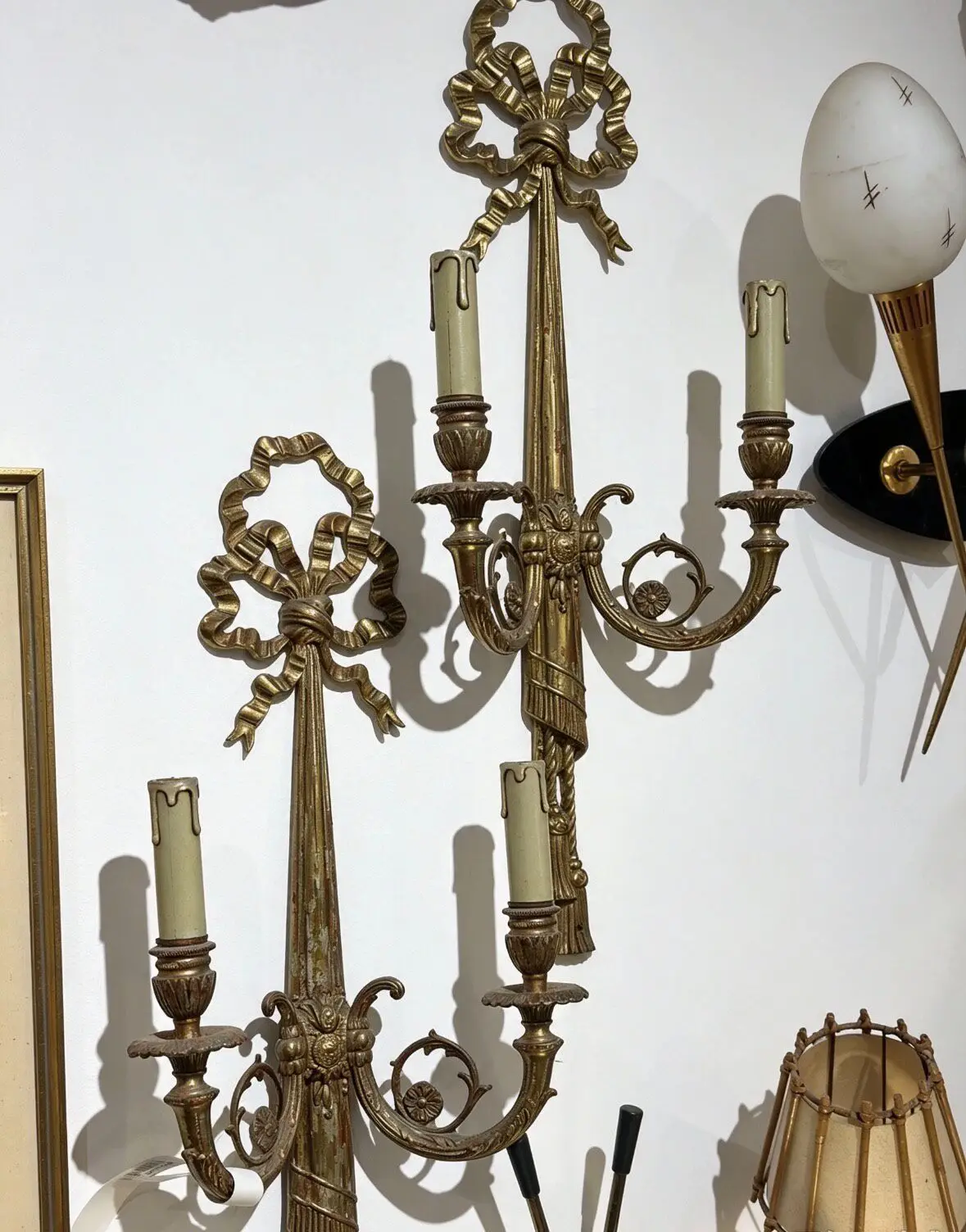 Rare Large French Antique Bow Two-Light Wall Sconces, Pair