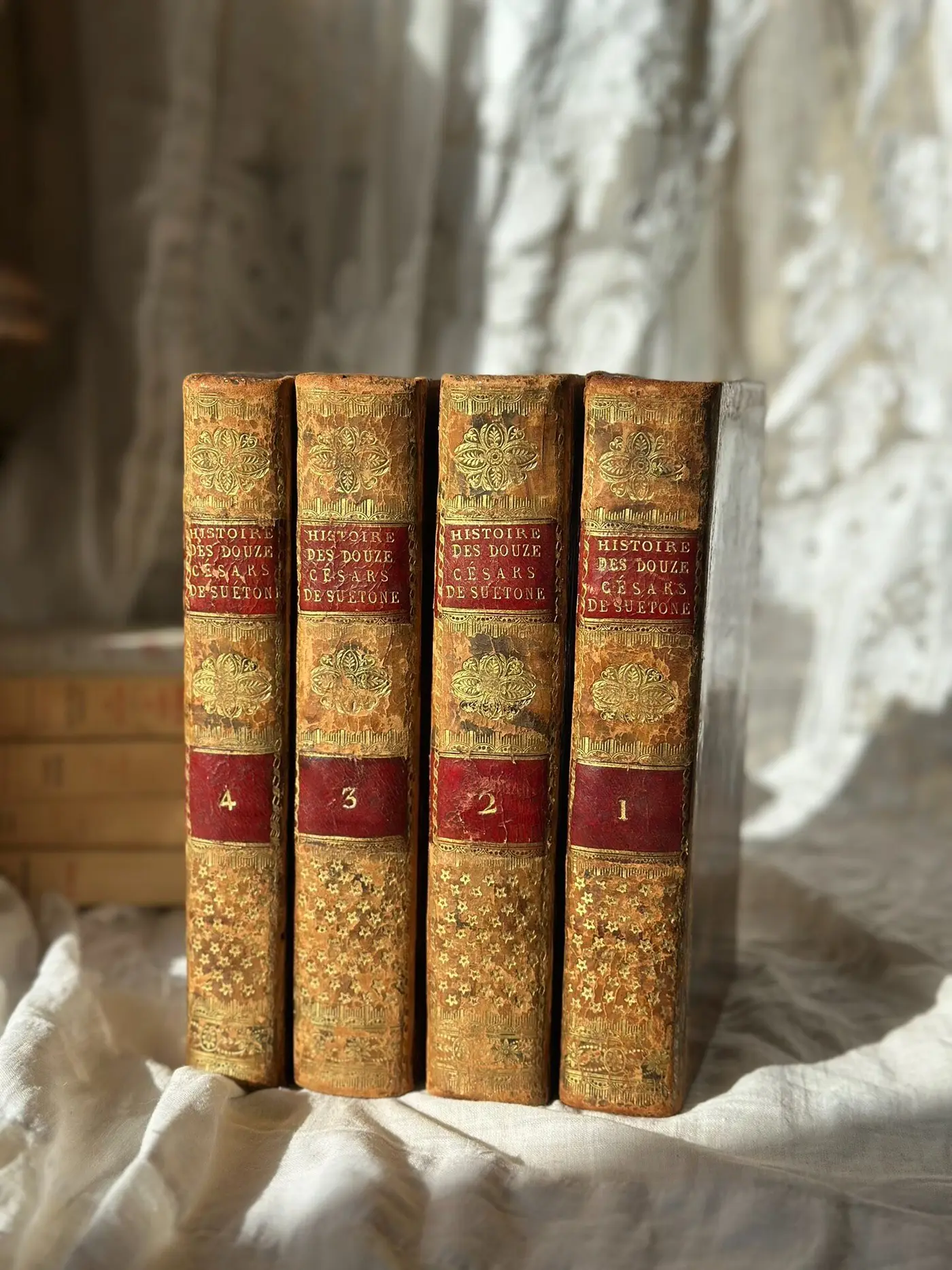 1771 French Antique Book: Histoire des Douze Césars — 18th-Century French Edition, Four-Volume Gilt Leather Set
