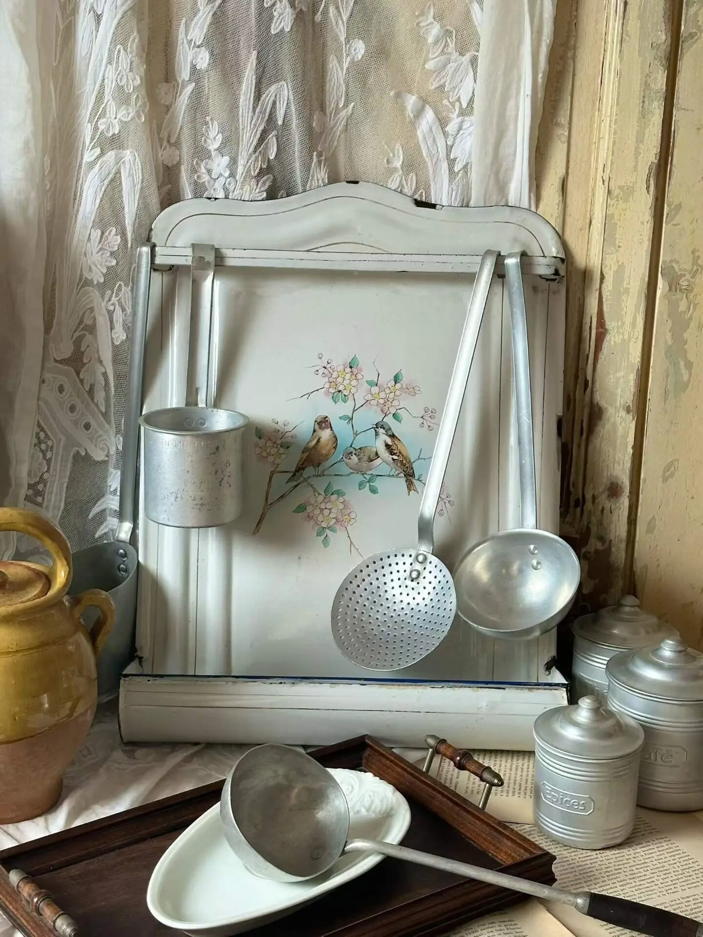 French Vintage Kitchen Utensil Set with Bird-Motif Tray
