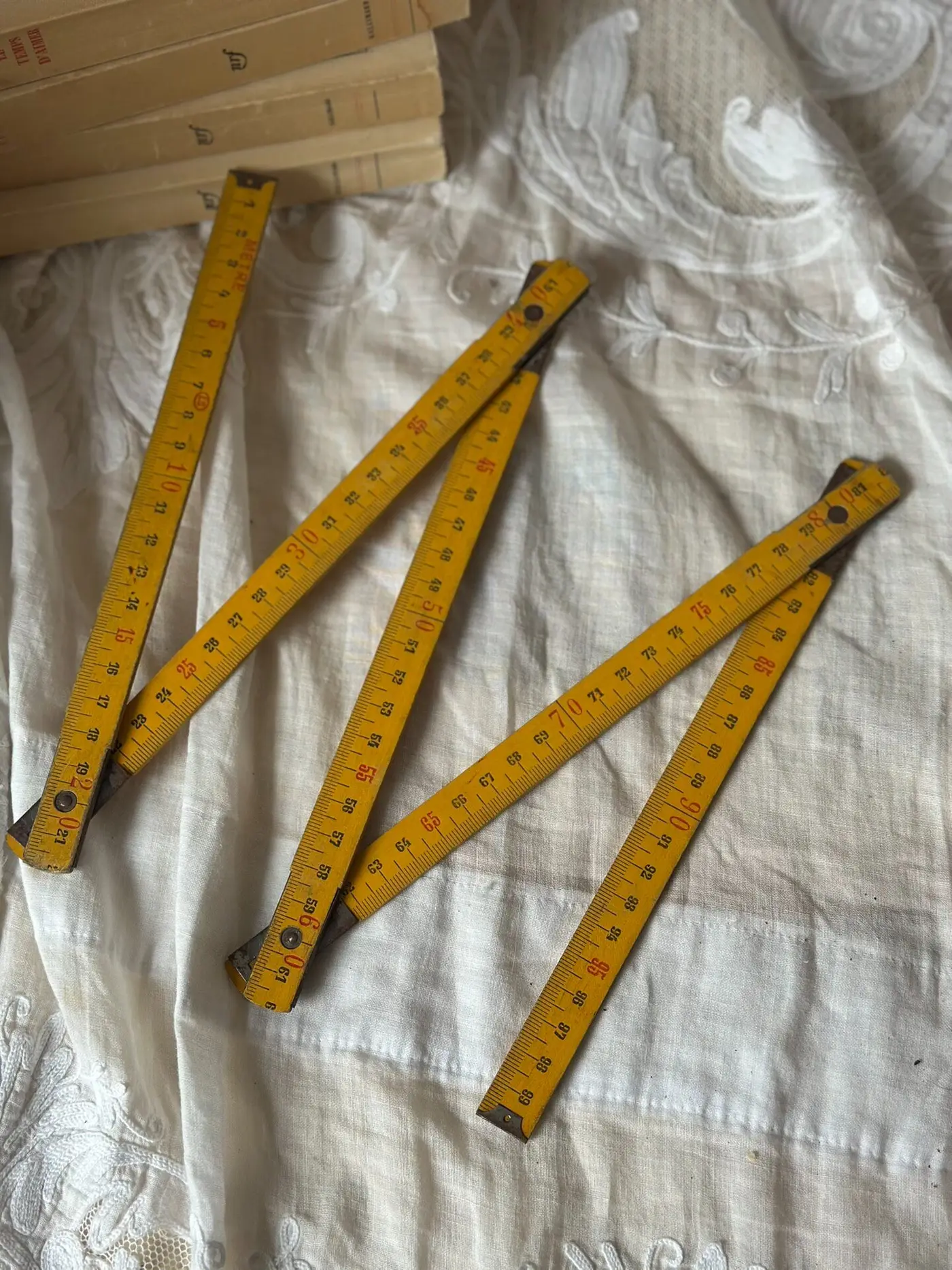French Vintage Yellow Folding Wooden Meter Ruler