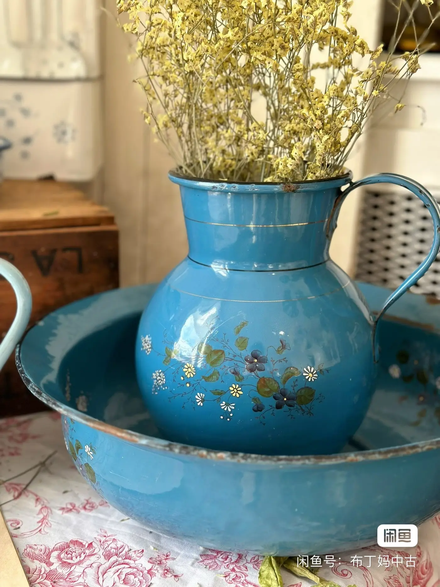 French Vintage Enamel Water Jug and Basin Set