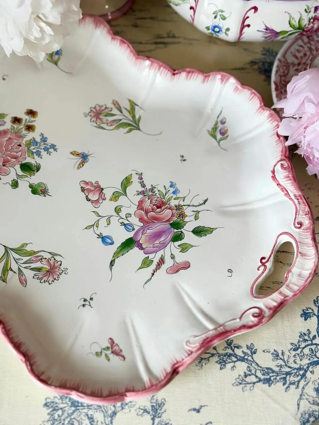 19th-Century French Hand-Painted Floral Tray, Rare