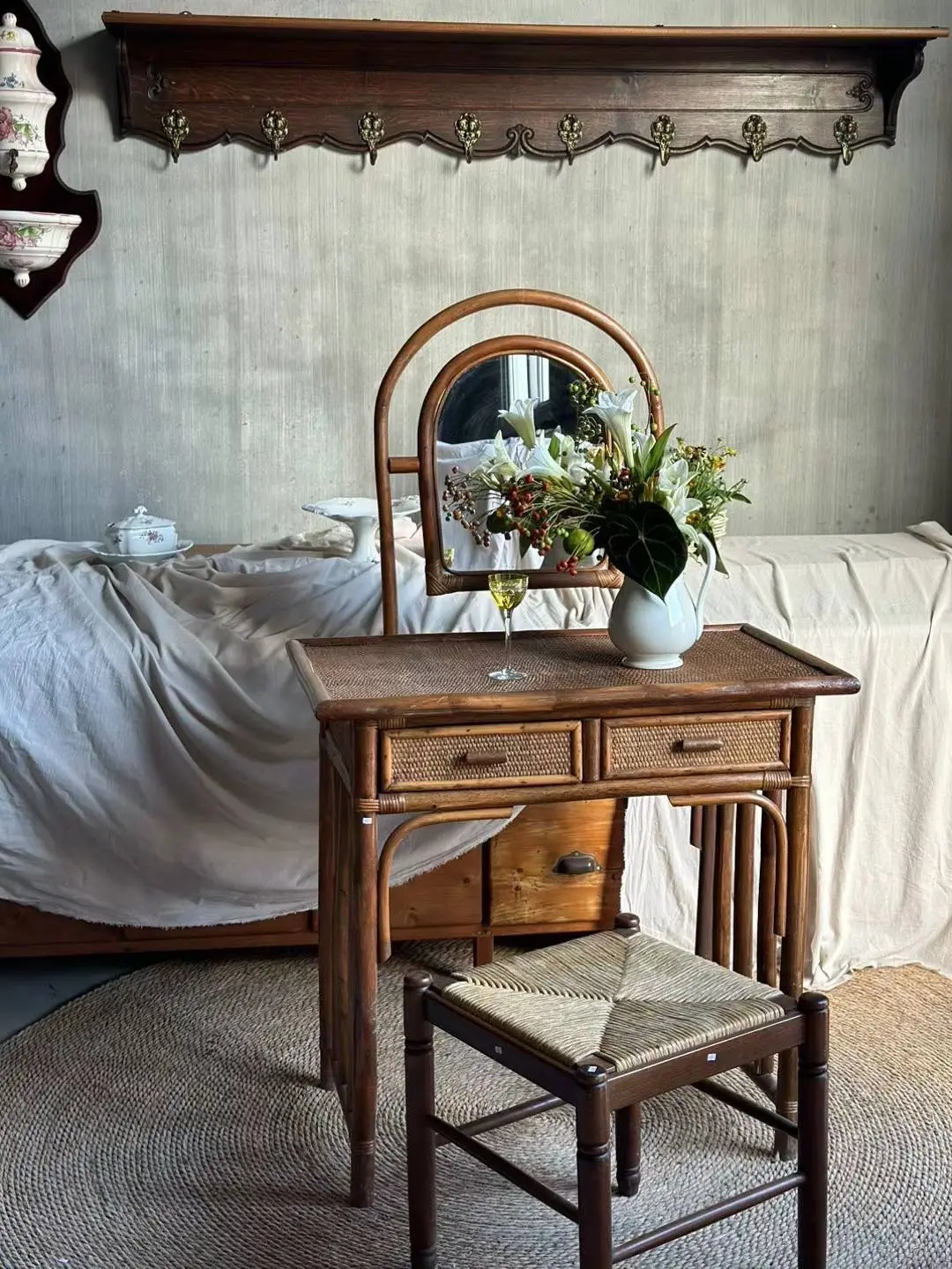 French Vintage Wicker Dressing Table with Mirror