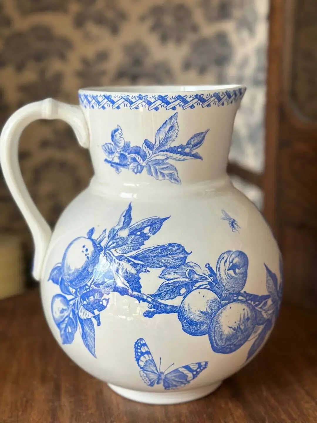 French Antique Blue Bird Water Jug