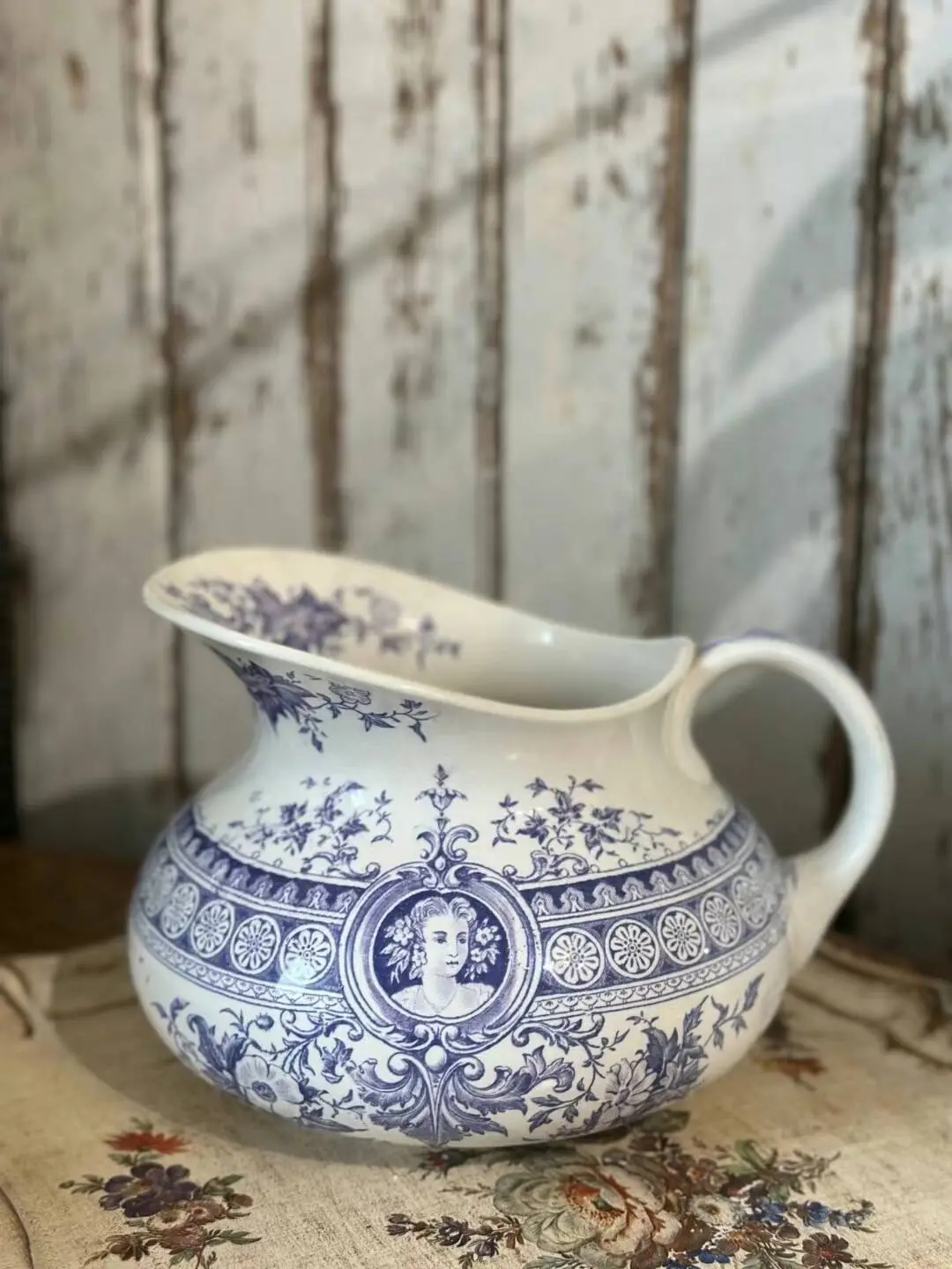 French Sarreguemines Antique Water Pitcher with Girl Motif, Rare Color