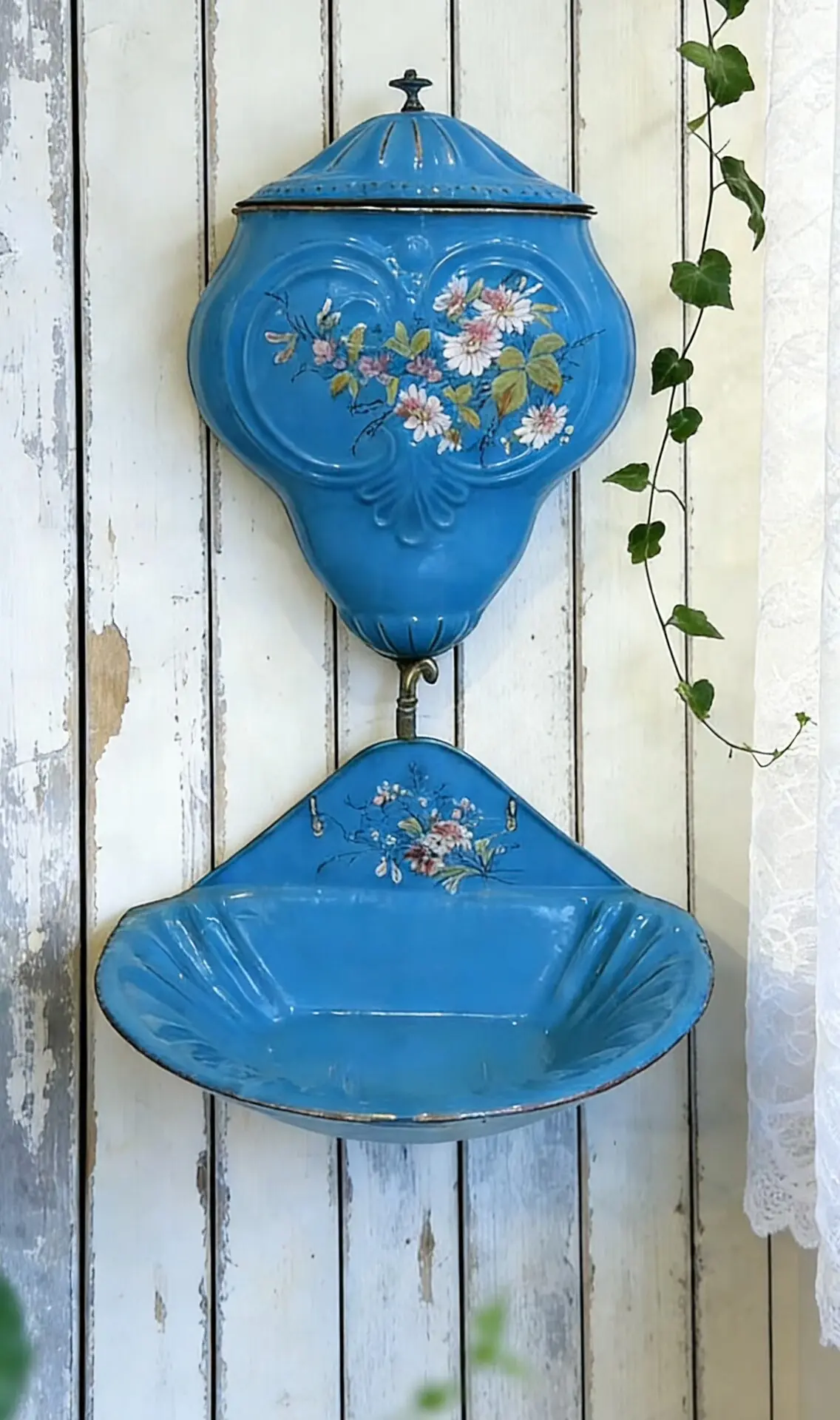French Vintage Enamel Hand-Painted Wall Fountain with Tank