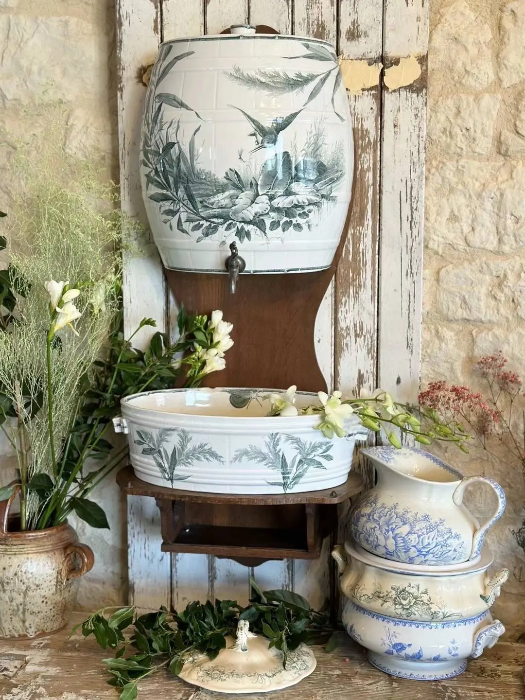 Rare Luneville Vintage Wall-Mounted Holy Water Basin with Hummingbird, Reeds and Snail Motif
