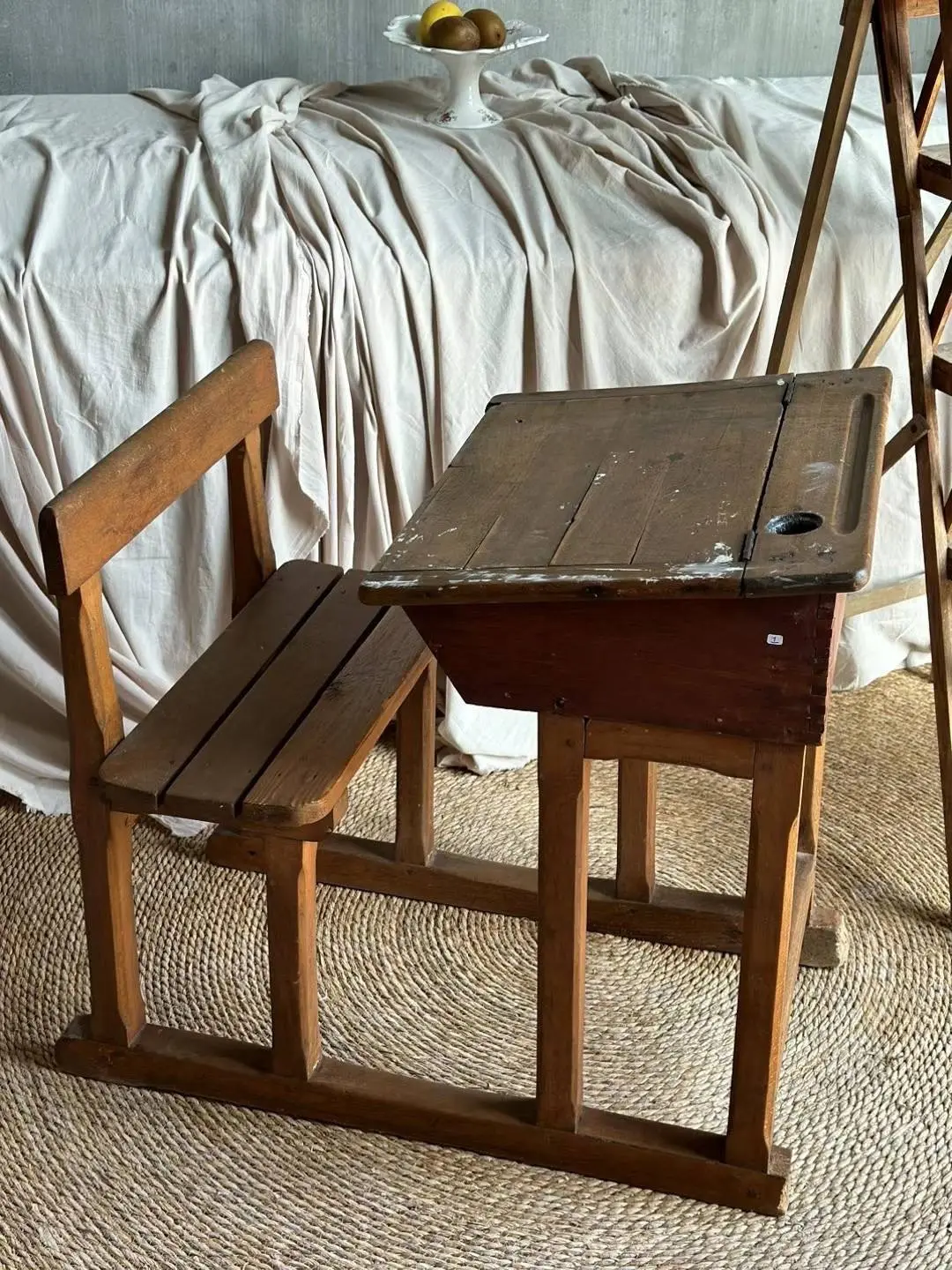 French Vintage Beech Single-Student School Desk and Chair