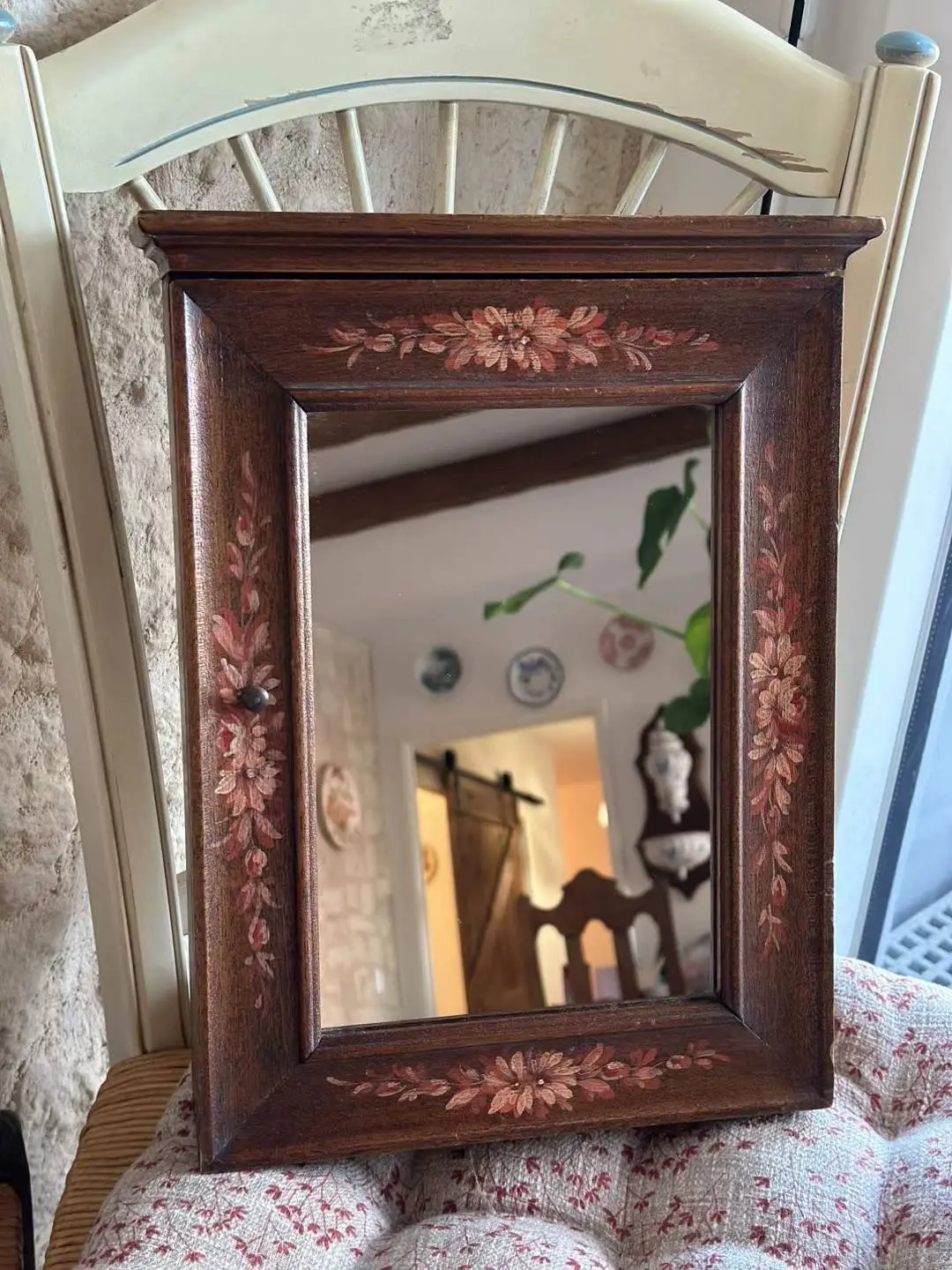 French Vintage Hand-Painted Wooden Key Box with Mirror
