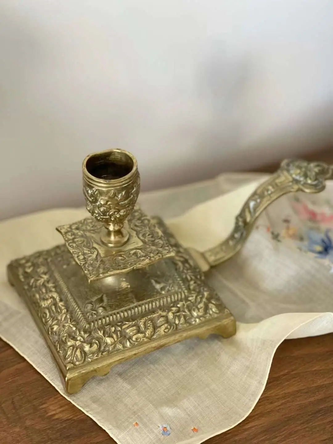 French Antique Brass Candlestick with Fine Relief
