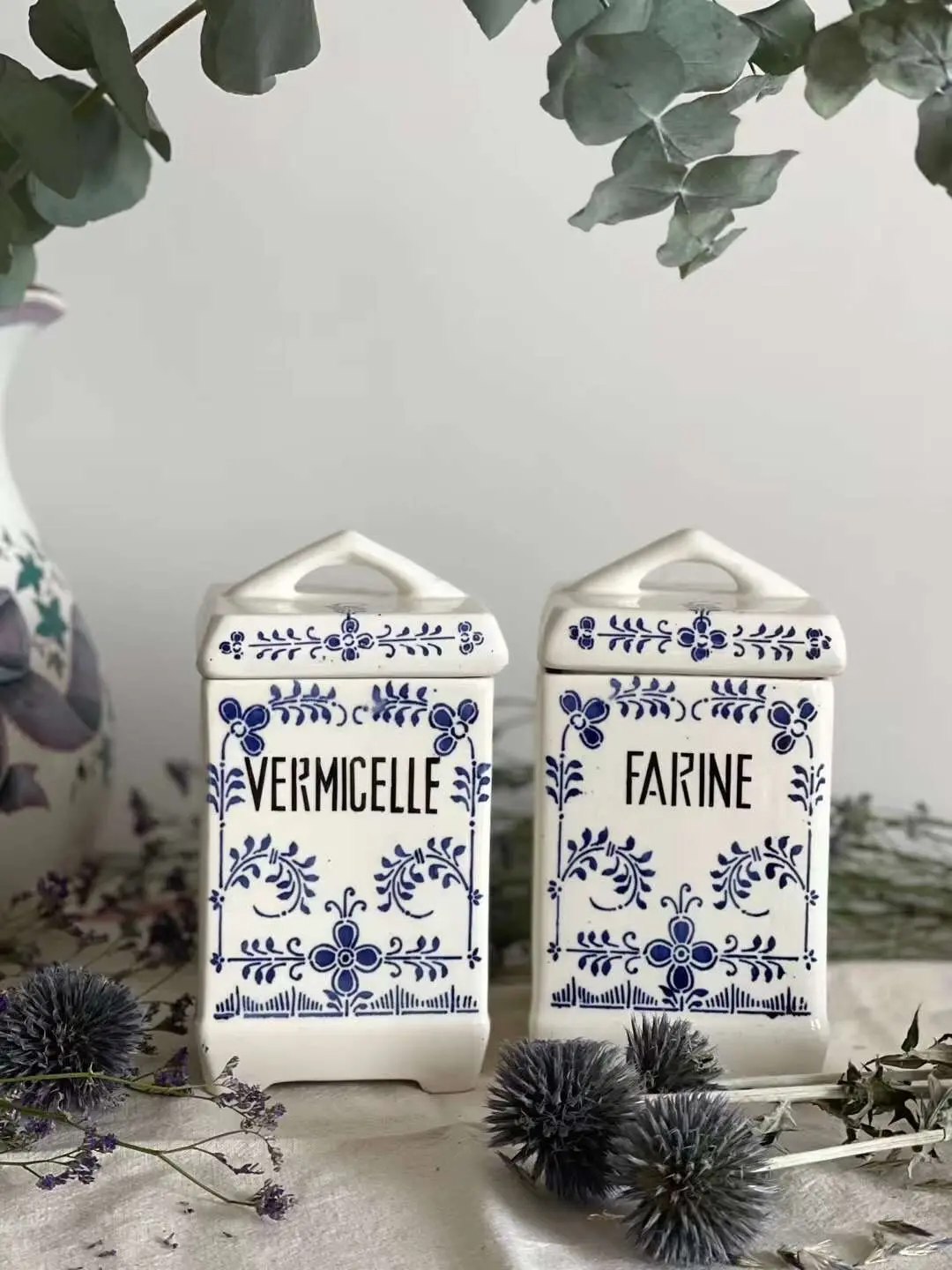 French Vintage Hand-Painted Ceramic Kitchen Storage Jar with French Labels