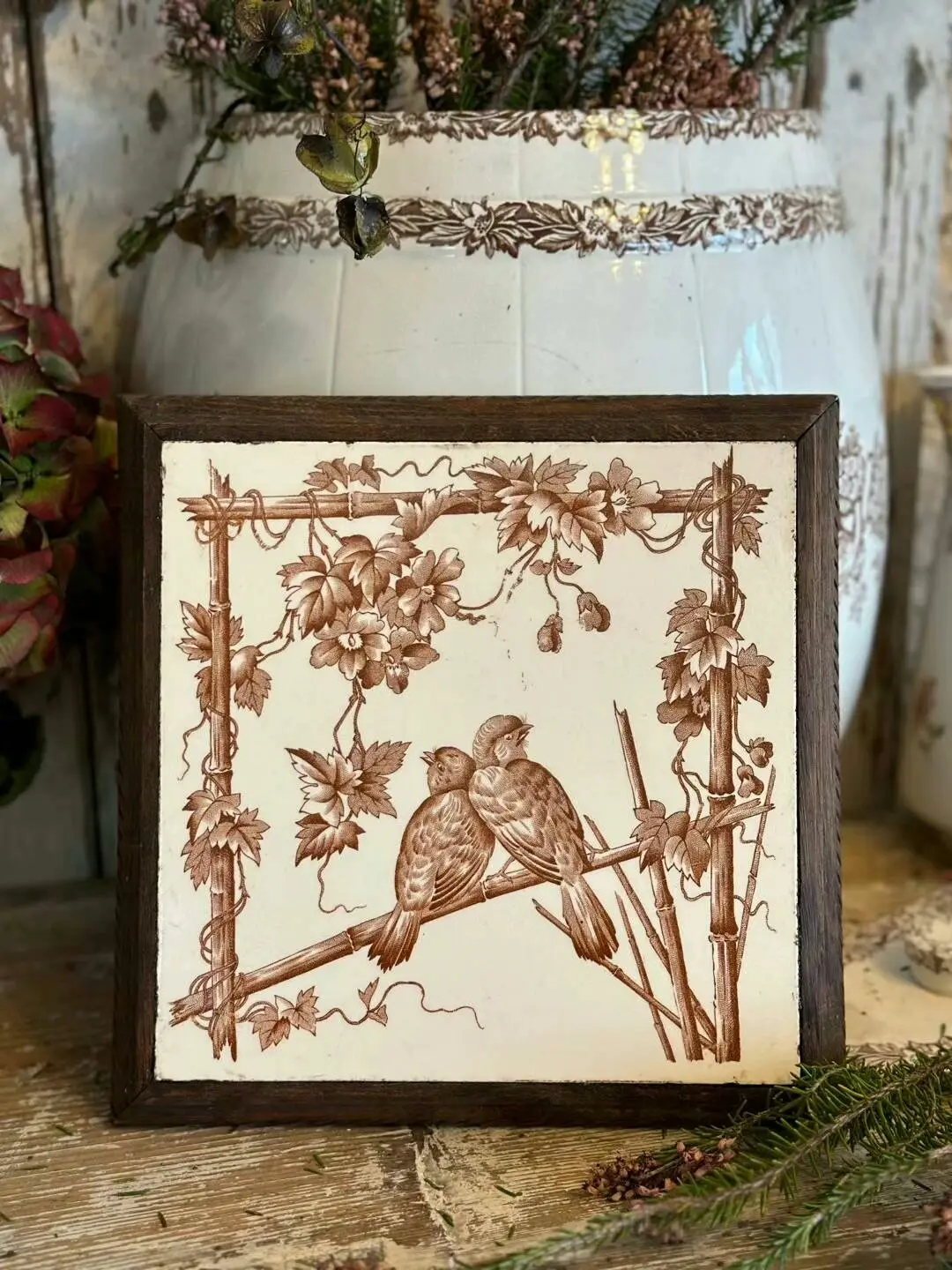 French Antique Porcelain Trivet with Brown Floral and Bird Decoration