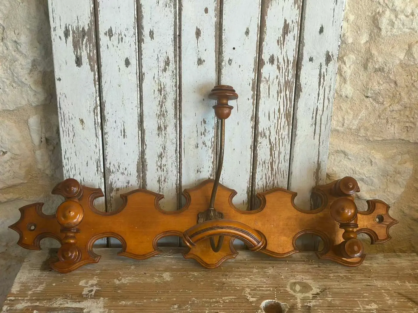French vintage wooden clothes hanger with swiveling hooks