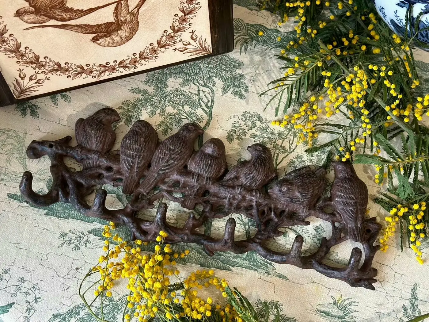 French Vintage Wrought-Iron Bird Wall Hooks — Napkin/Towel Rack