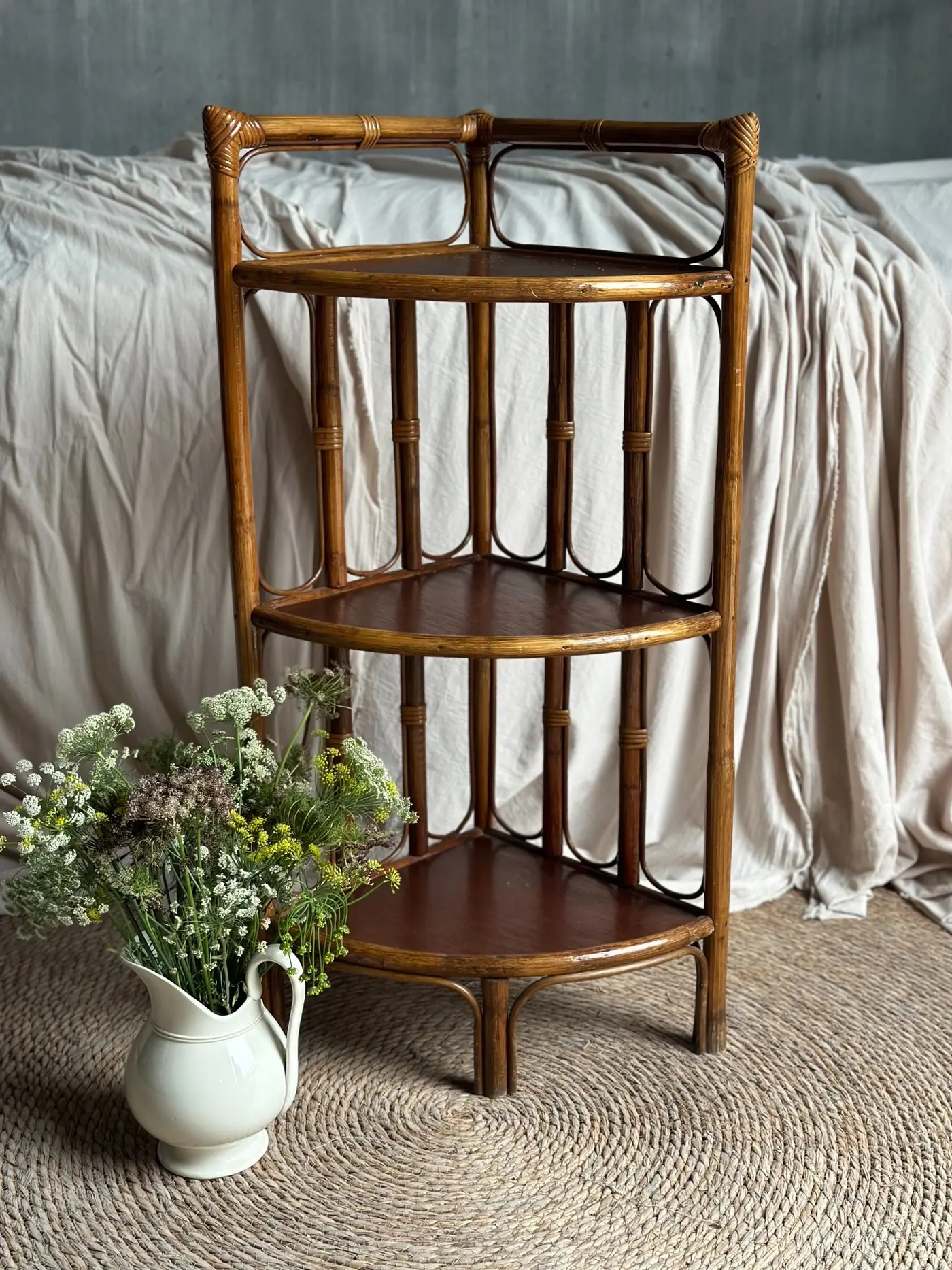 French Vintage Woven Rattan Triangular Corner Shelf, 91 cm H