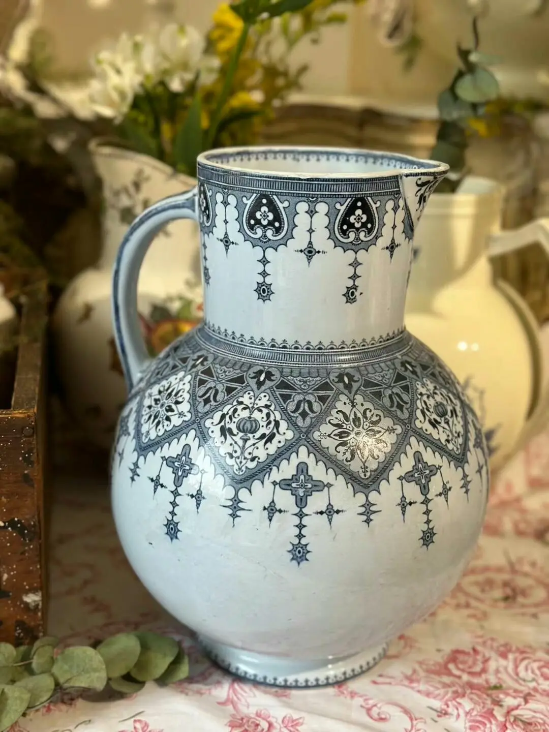 Sarreguemines 'Calcutta' Large Blue Water Jug, France, 30 cm
