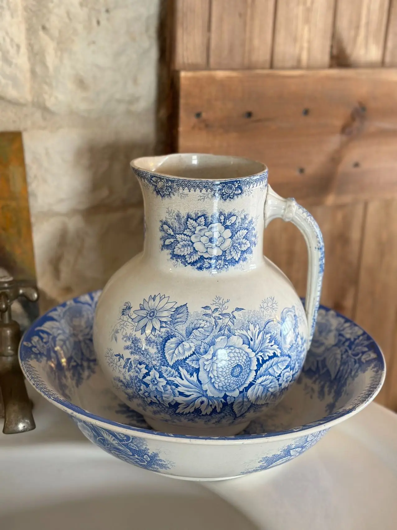 French Blue Garden Antique Large Water Pitcher