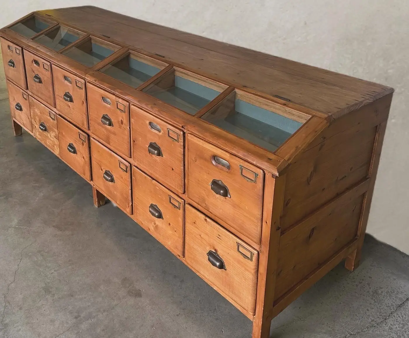 Rare Pine Display Cabinet with Six Small Display Windows and 12 Drawers, c.1900–1930
