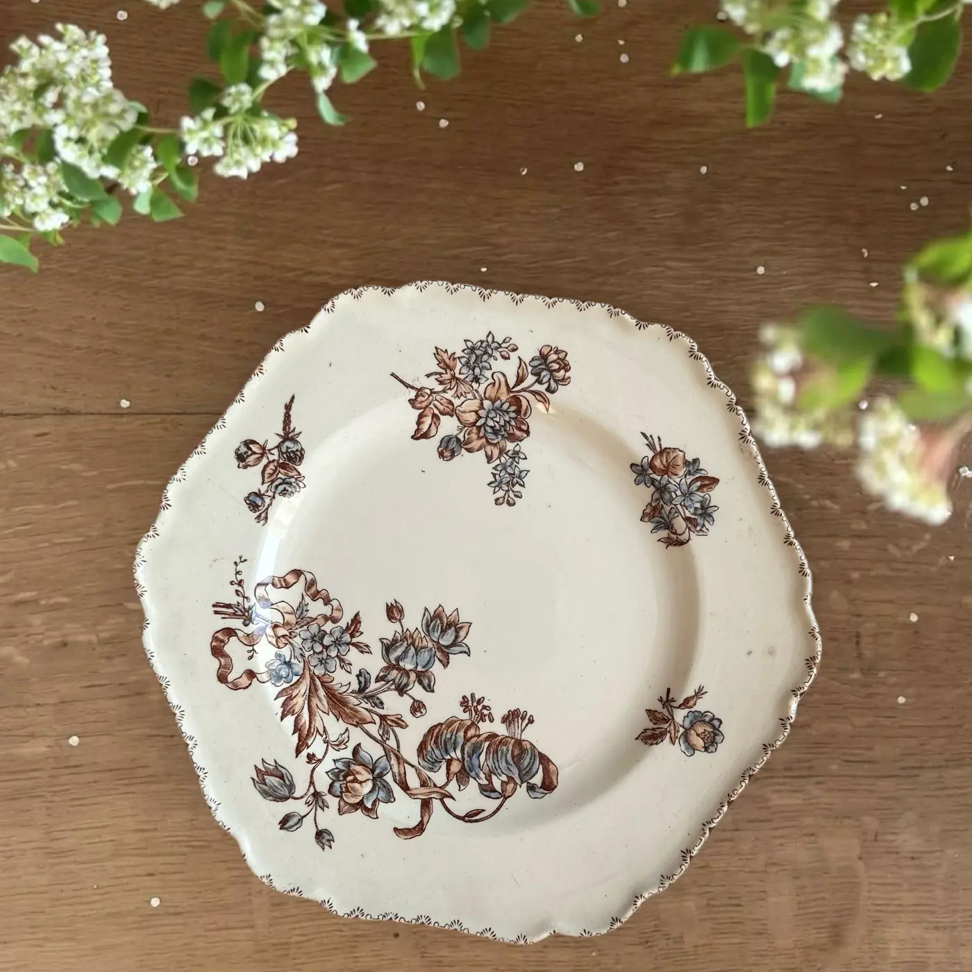 French Vintage Terre de Fer Two-Tone Octagonal Dessert Plate